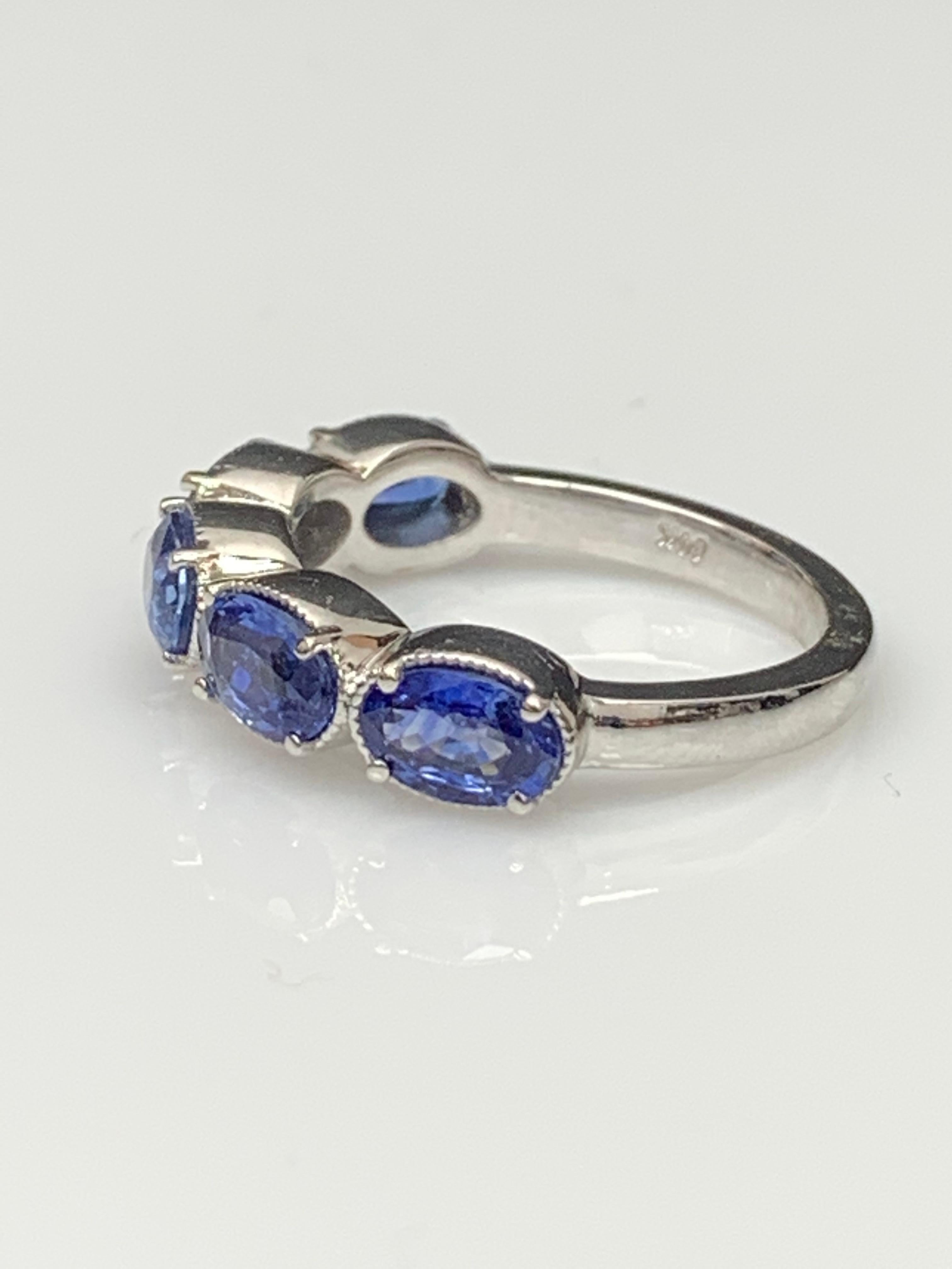 2.76 Carat Blue Sapphire and Diamond 5 Stone Wedding Band in 14k White Gold For Sale 7