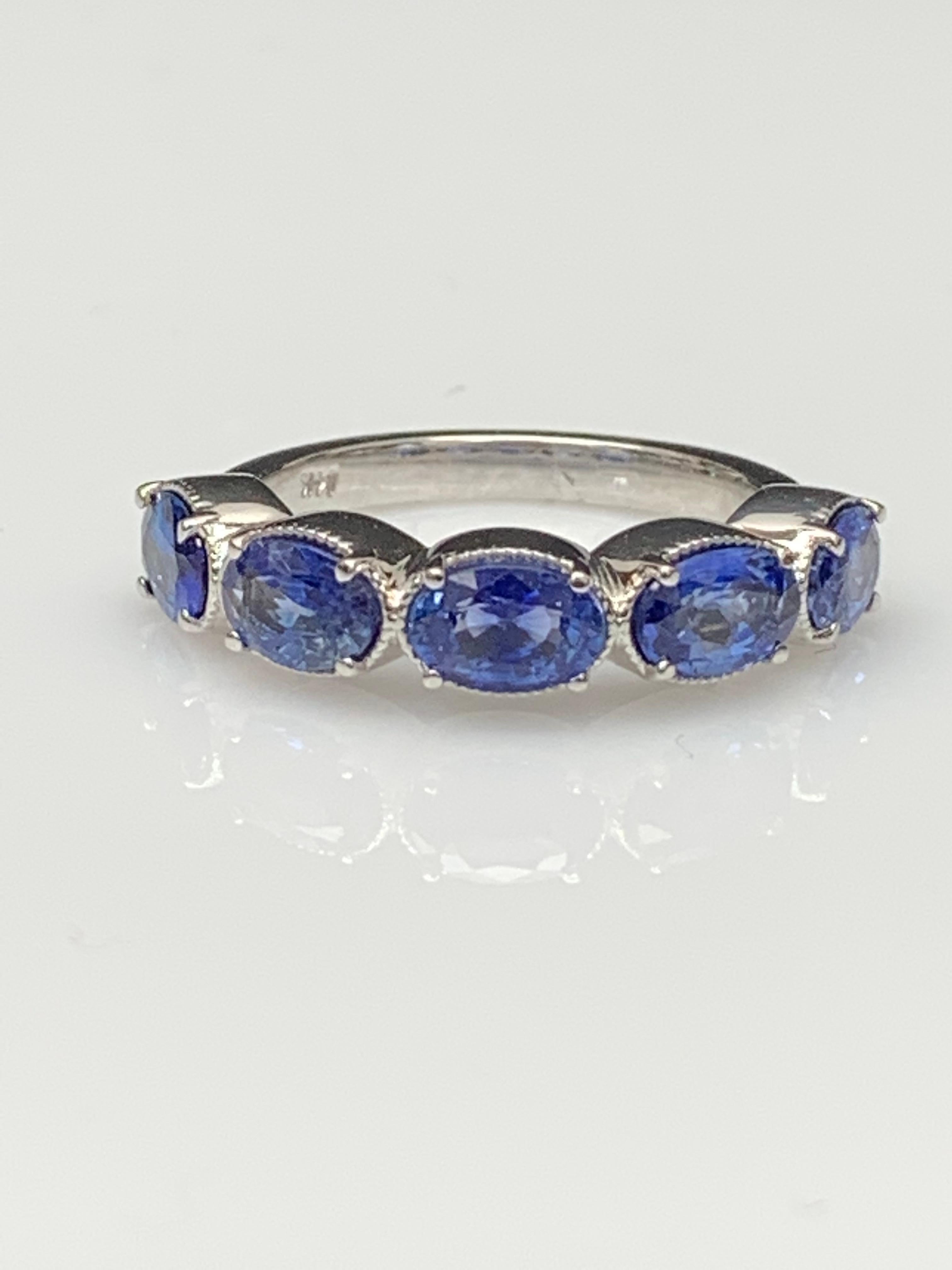 2.76 Carat Blue Sapphire and Diamond 5 Stone Wedding Band in 14k White Gold For Sale 8