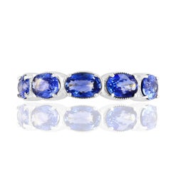2.76 Carat Blue Sapphire and Diamond 5 Stone Wedding Band in 14k White Gold