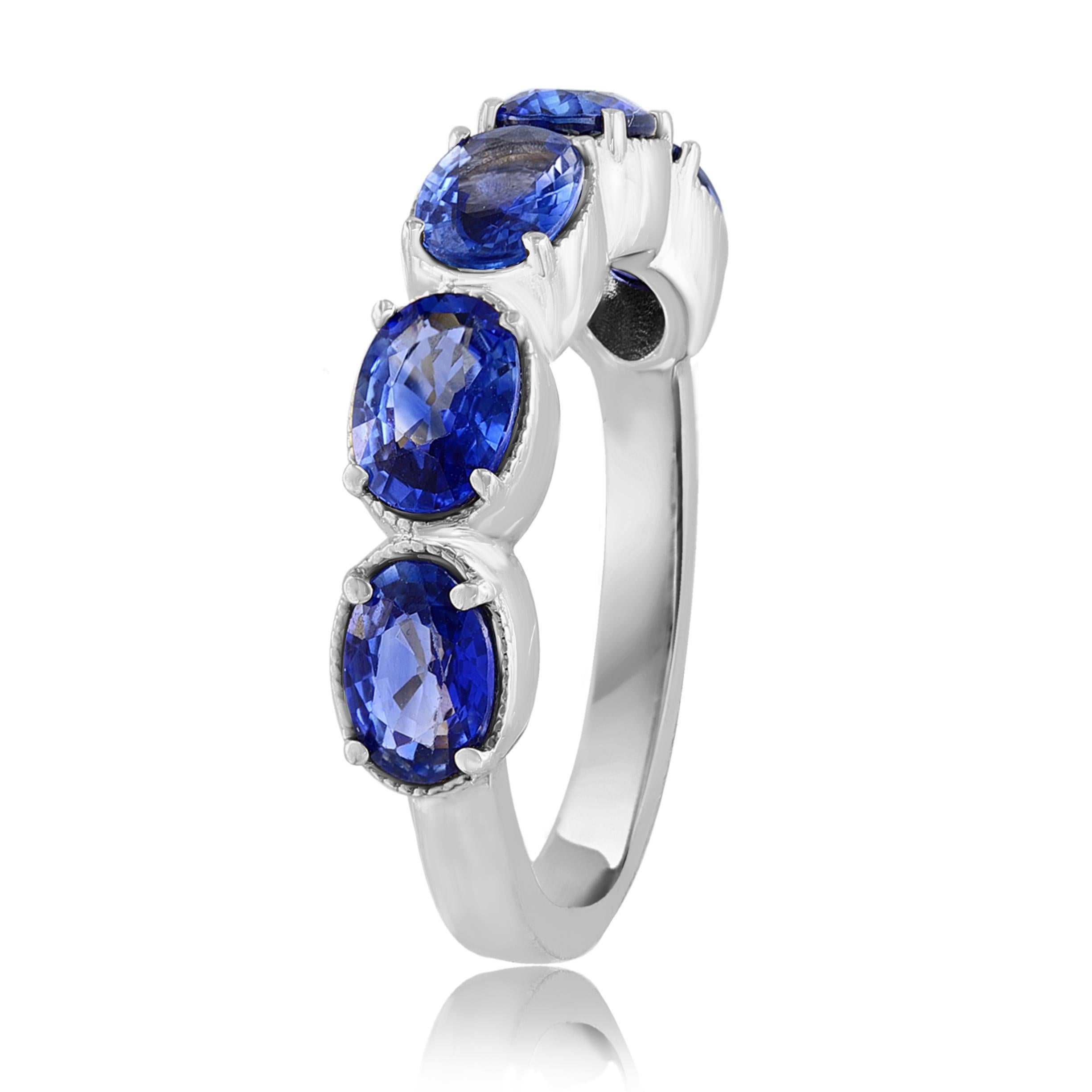 Contemporary 2.76 Carat Blue Sapphire and Diamond 5 Stone Wedding Band in 14k White Gold For Sale