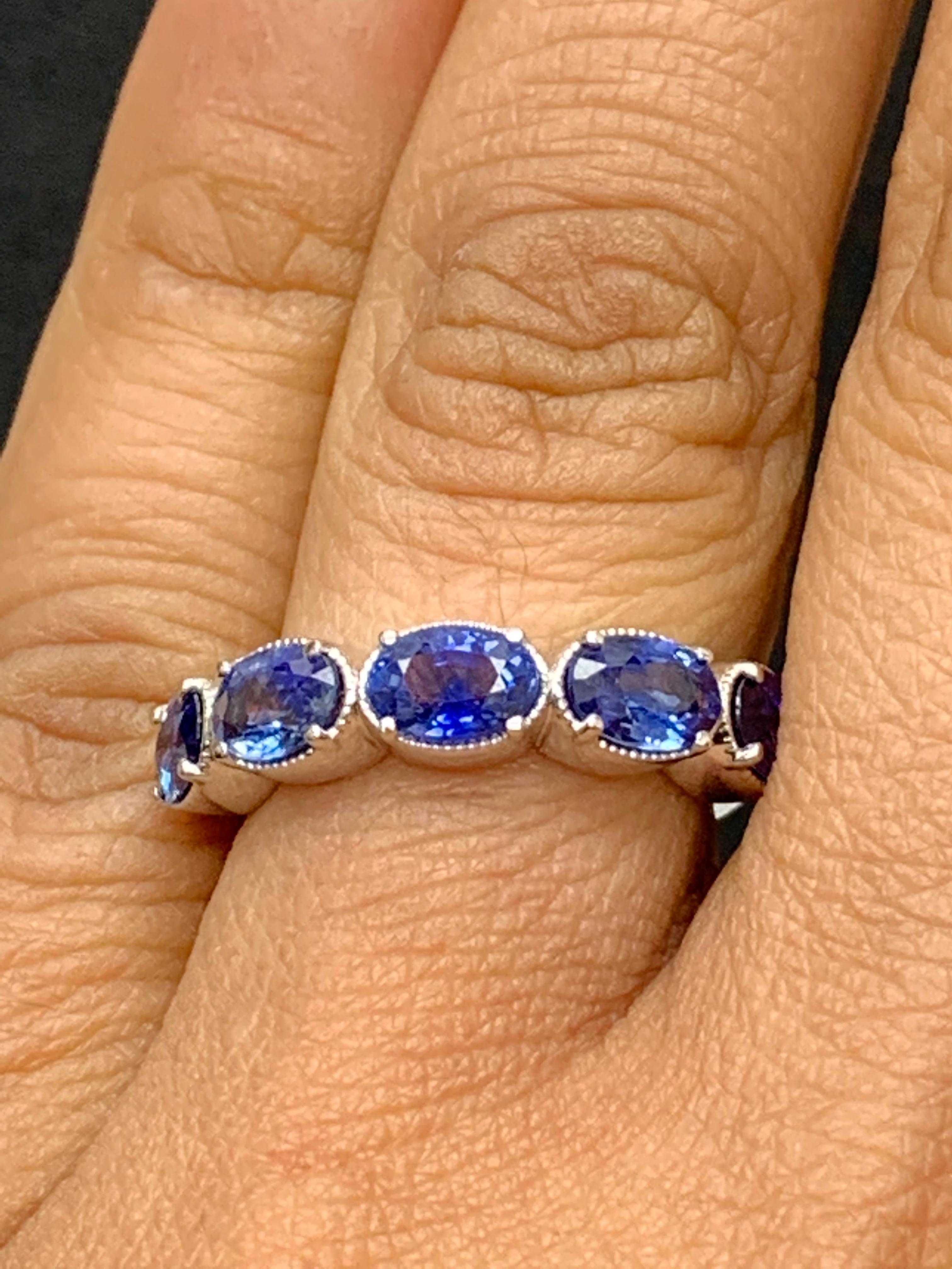 2.76 Carat Blue Sapphire and Diamond 5 Stone Wedding Band in 14k White Gold For Sale 1