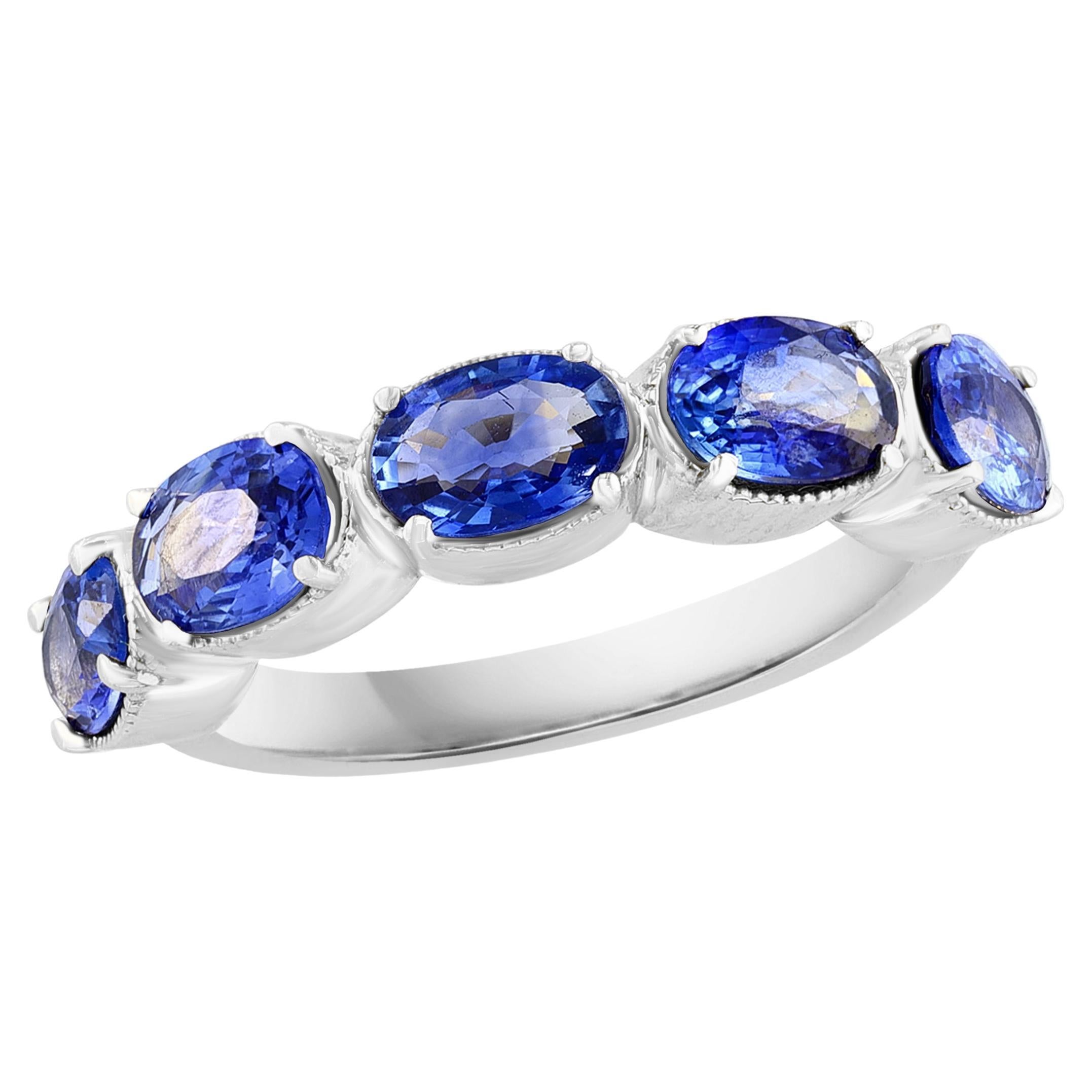 2.76 Carat Blue Sapphire and Diamond 5 Stone Wedding Band in 14k White Gold For Sale