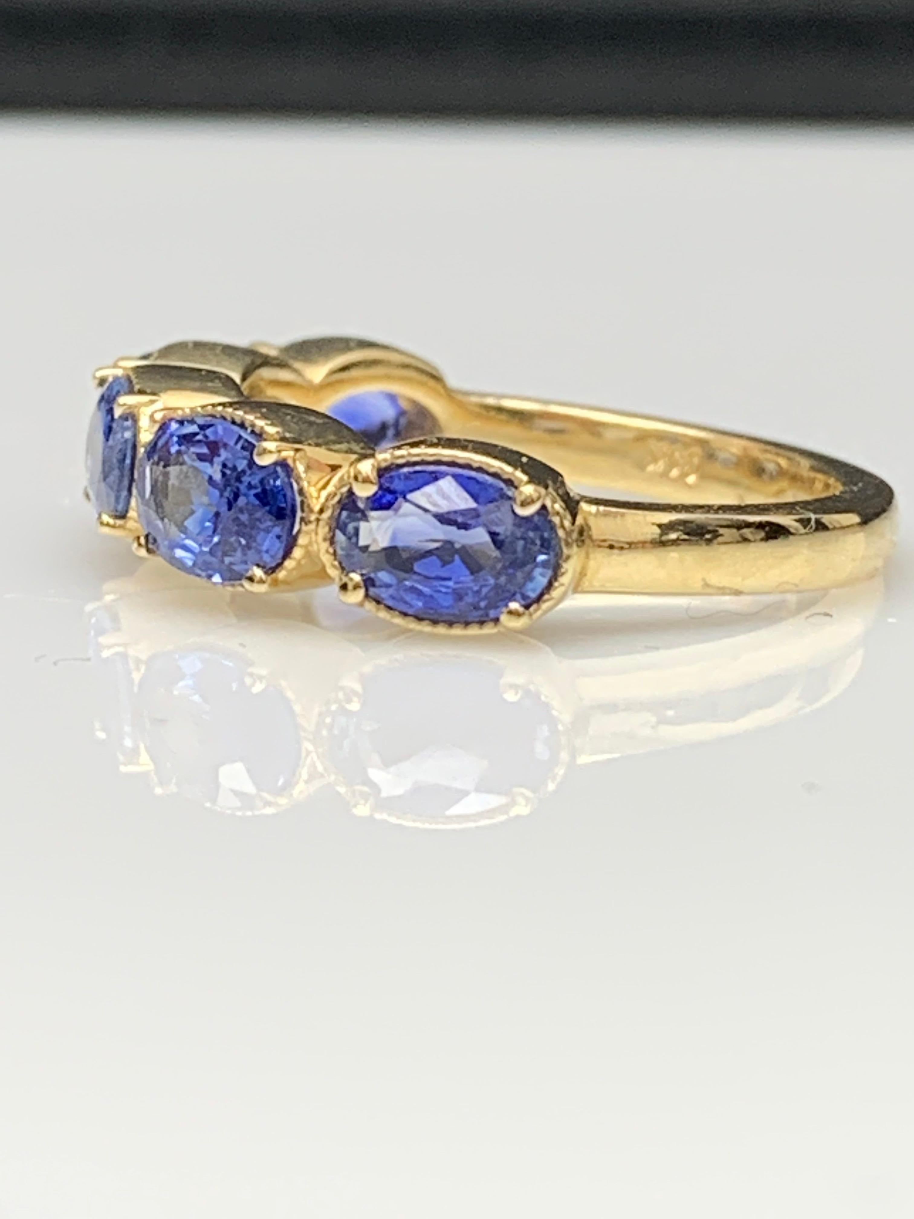 2.76 Carat Blue Sapphire and Diamond 5 Stone Wedding Band in 14K Yellow Gold For Sale 7
