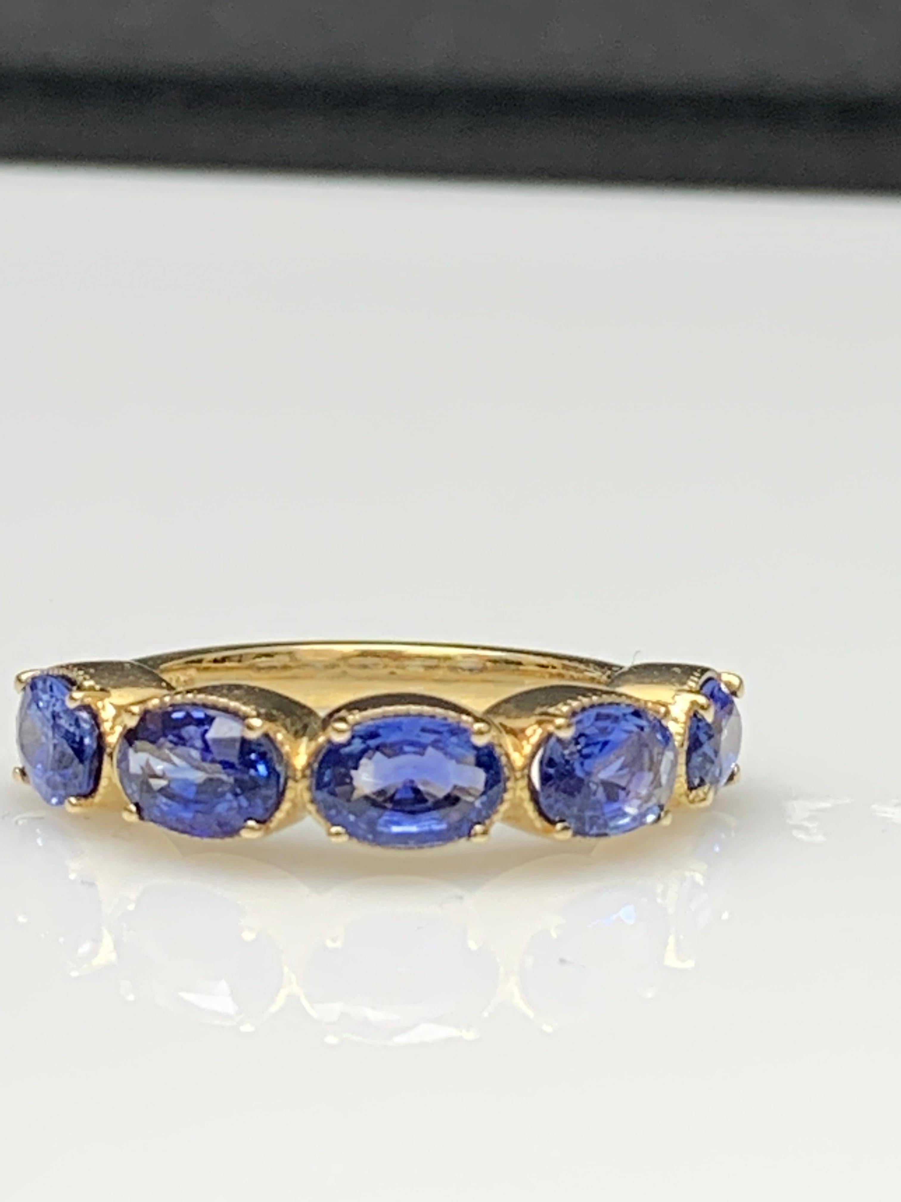 2.76 Carat Blue Sapphire and Diamond 5 Stone Wedding Band in 14K Yellow Gold For Sale 9