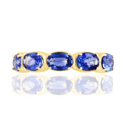 2.76 Carat Blue Sapphire and Diamond 5 Stone Wedding Band in 14K Yellow Gold