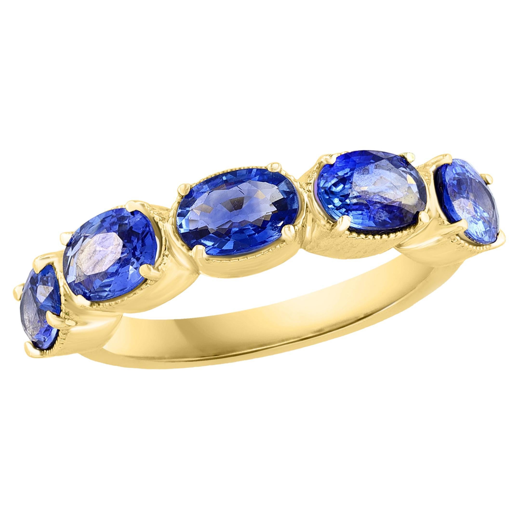 2.76 Carat Blue Sapphire and Diamond 5 Stone Wedding Band in 14K Yellow Gold For Sale