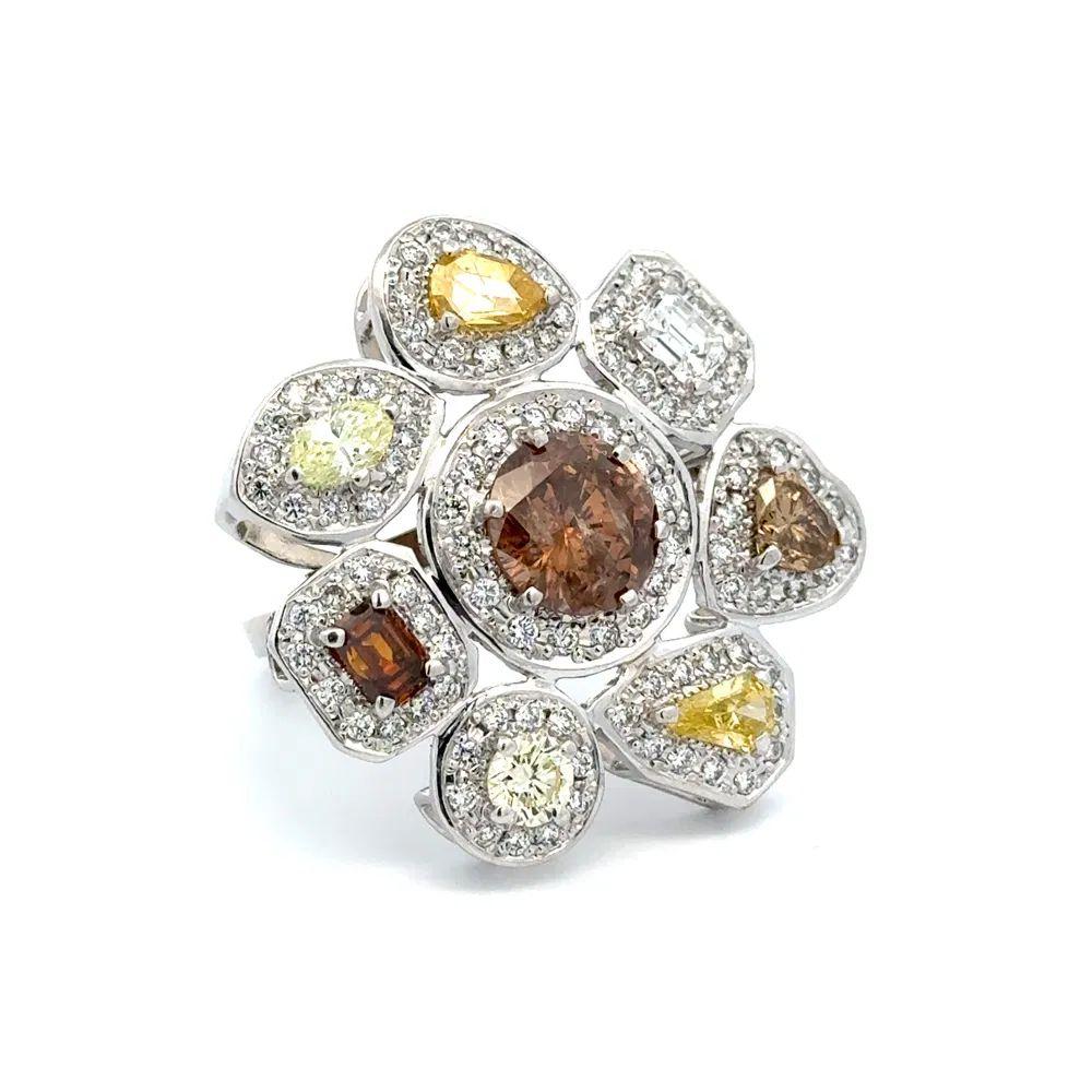 Simply Beautiful! Fancy and White Color Diamond Gold Cluster Ring. Featuring a 2.76 Carat Brown Diamond, surrounded by Fancy and White Diamonds, approx. total weight 4.30 Carats. Finely detailed Hand crafted Platinum and 14K White Gold mounting.
