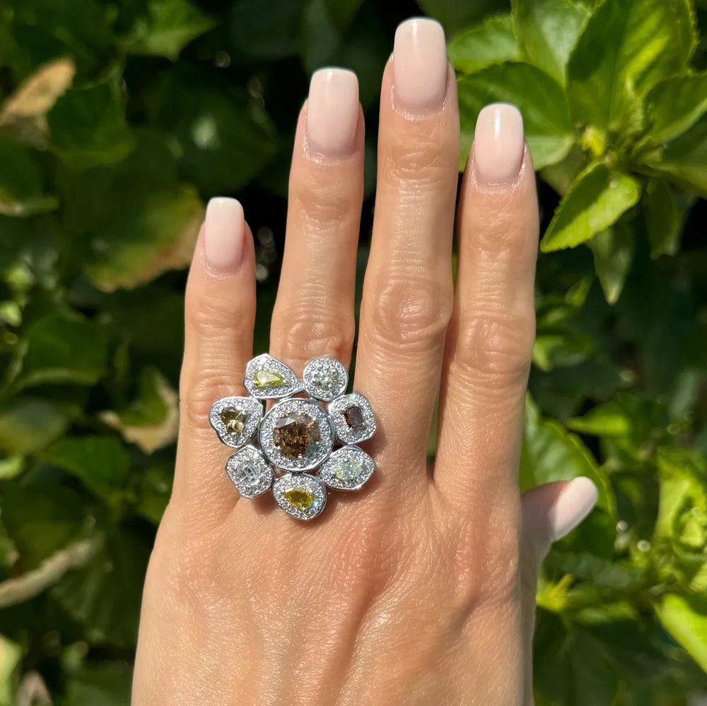 Modernist 2.76 Carat Brown Diamond Fancy and White Color Diamond Platinum Statement Ring For Sale
