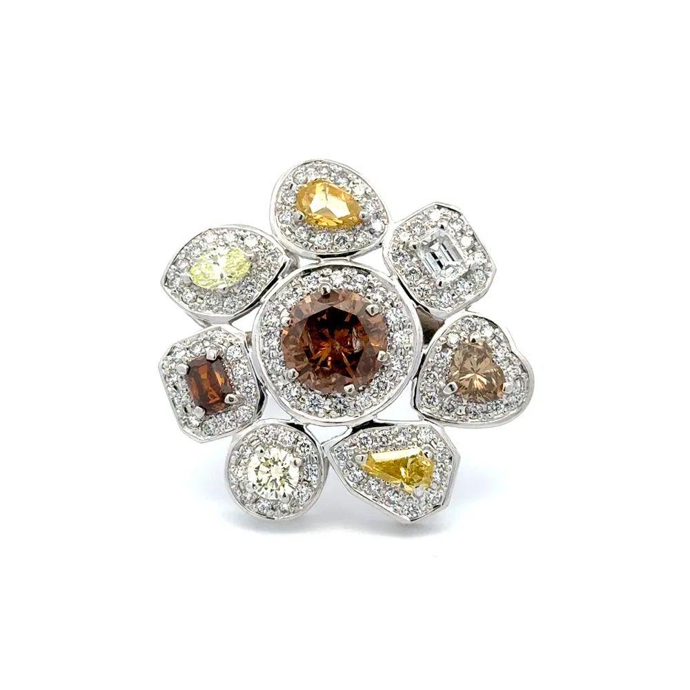 Mixed Cut 2.76 Carat Brown Diamond Fancy and White Color Diamond Platinum Statement Ring For Sale