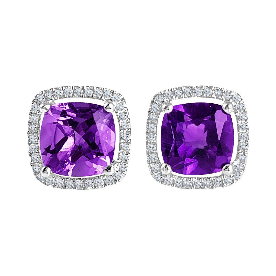 2.76 Ct Cushion Cut Fine Amethyst and Diamond Halo Stud Earrings in 14W ref1132 For Sale