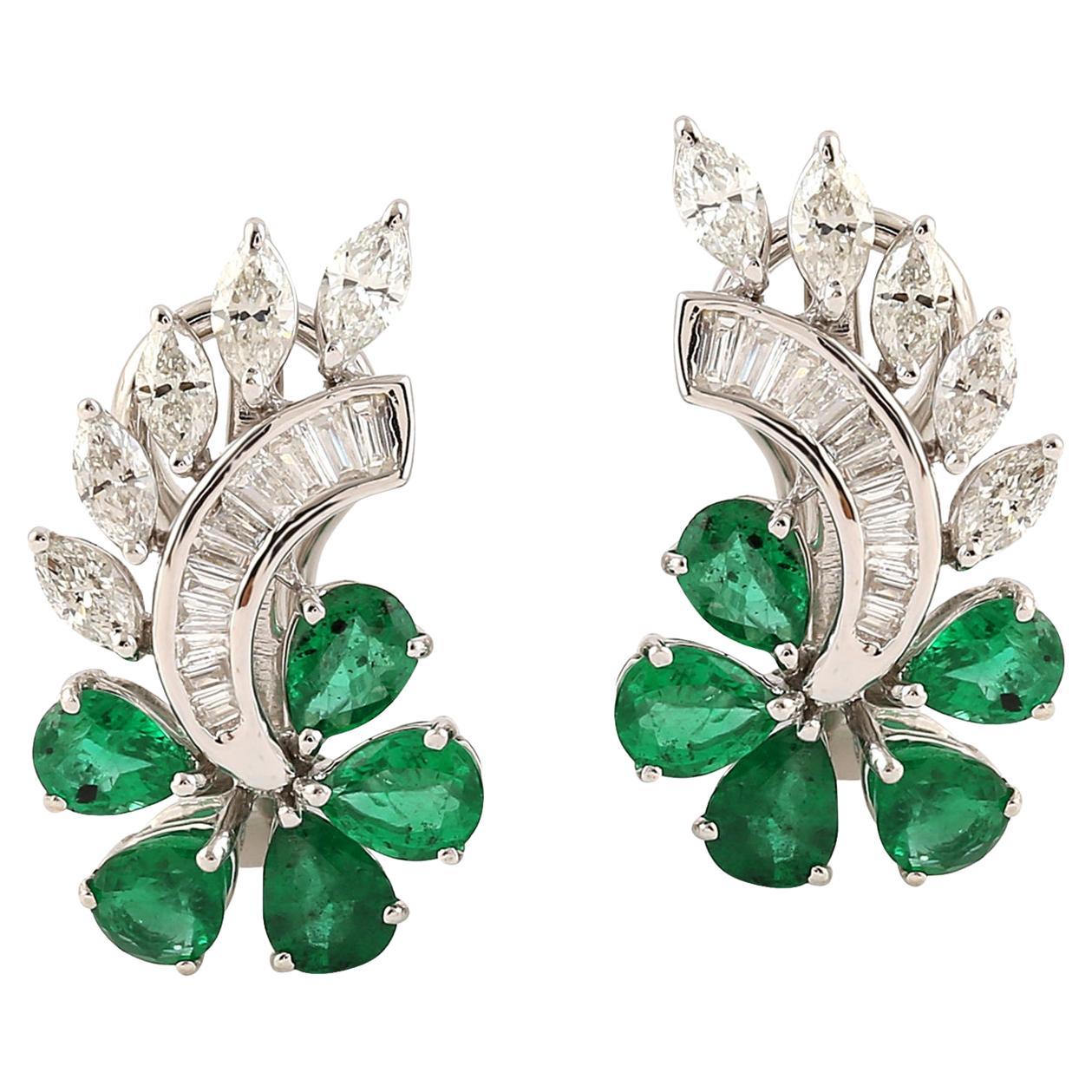 2.76 Carat Emerald 14 Karat Gold Floral Stud Earrings For Sale