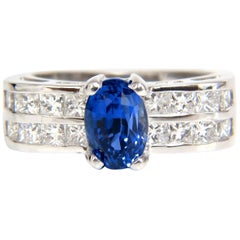 2.76 Carat Natural Classic Ceylon Blue Sapphire Diamonds Ring 14 Karat Princess
