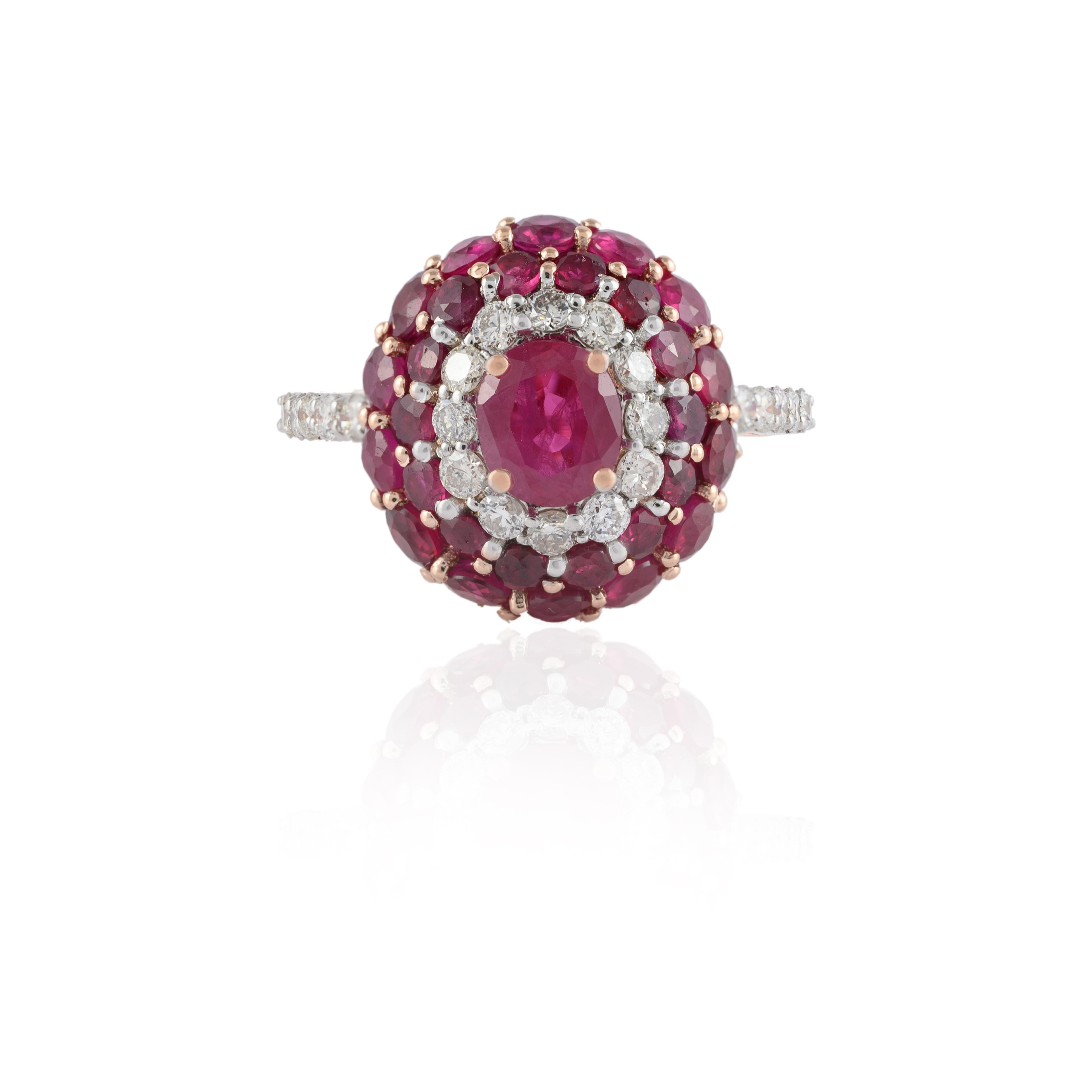 En vente :  Bague en or rose massif 14 carats avec diamants et grappe de rubis naturels de 2,76 carats 2