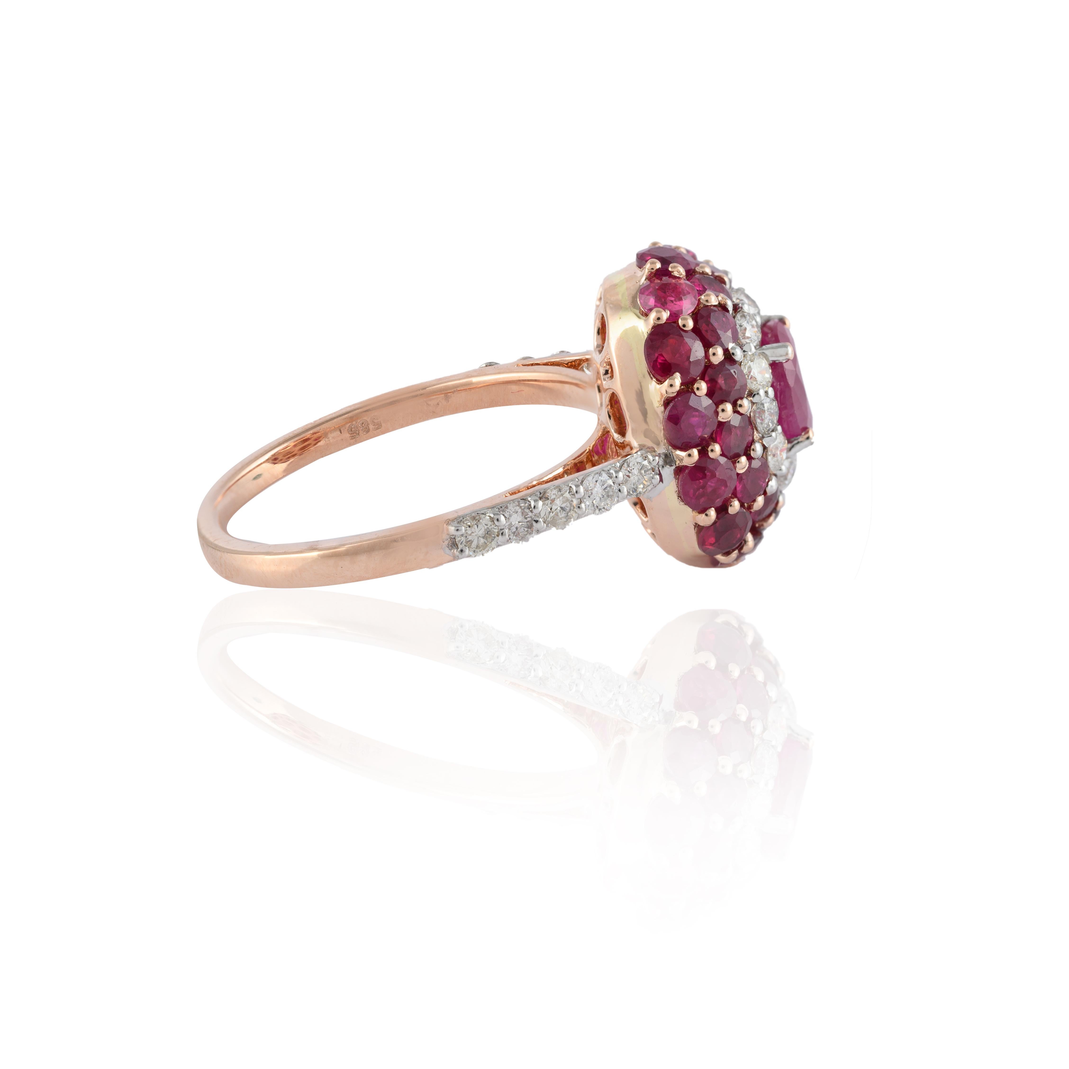 En vente :  Bague en or rose massif 14 carats avec diamants et grappe de rubis naturels de 2,76 carats 3