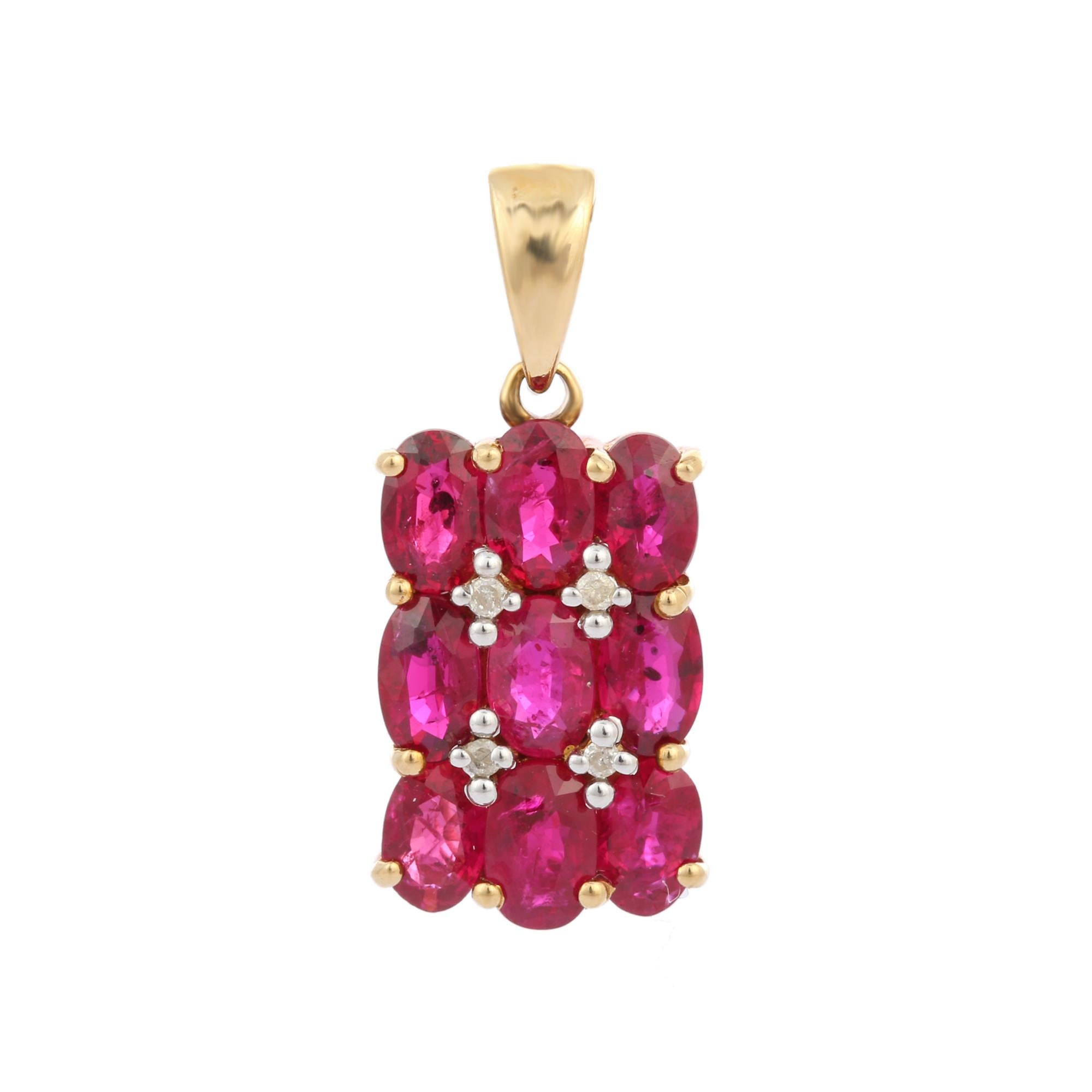 2.76 red ruby diamond cushion cluster pendant in 14K Gold. It has a oval cut rubies that completes your look with a decent touch. Pendants are used to wear or gifted to represent love and promises. It's an attractive jewelry piece that goes with