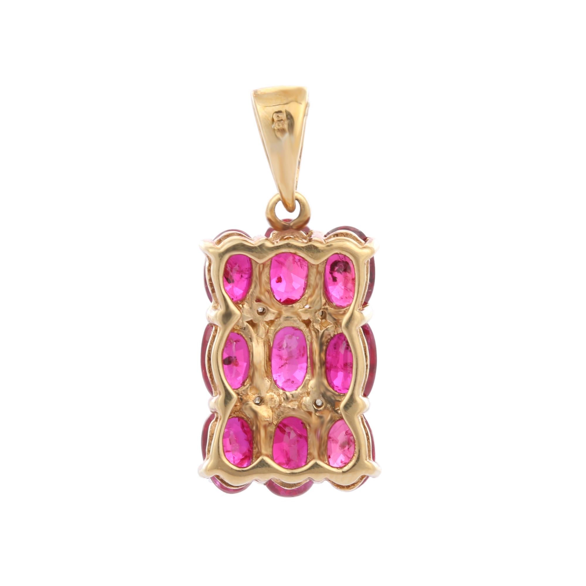 Modern 2.76 Carat Oval Ruby and Diamond Cluster Pendant in 14K Solid Yellow Gold For Sale