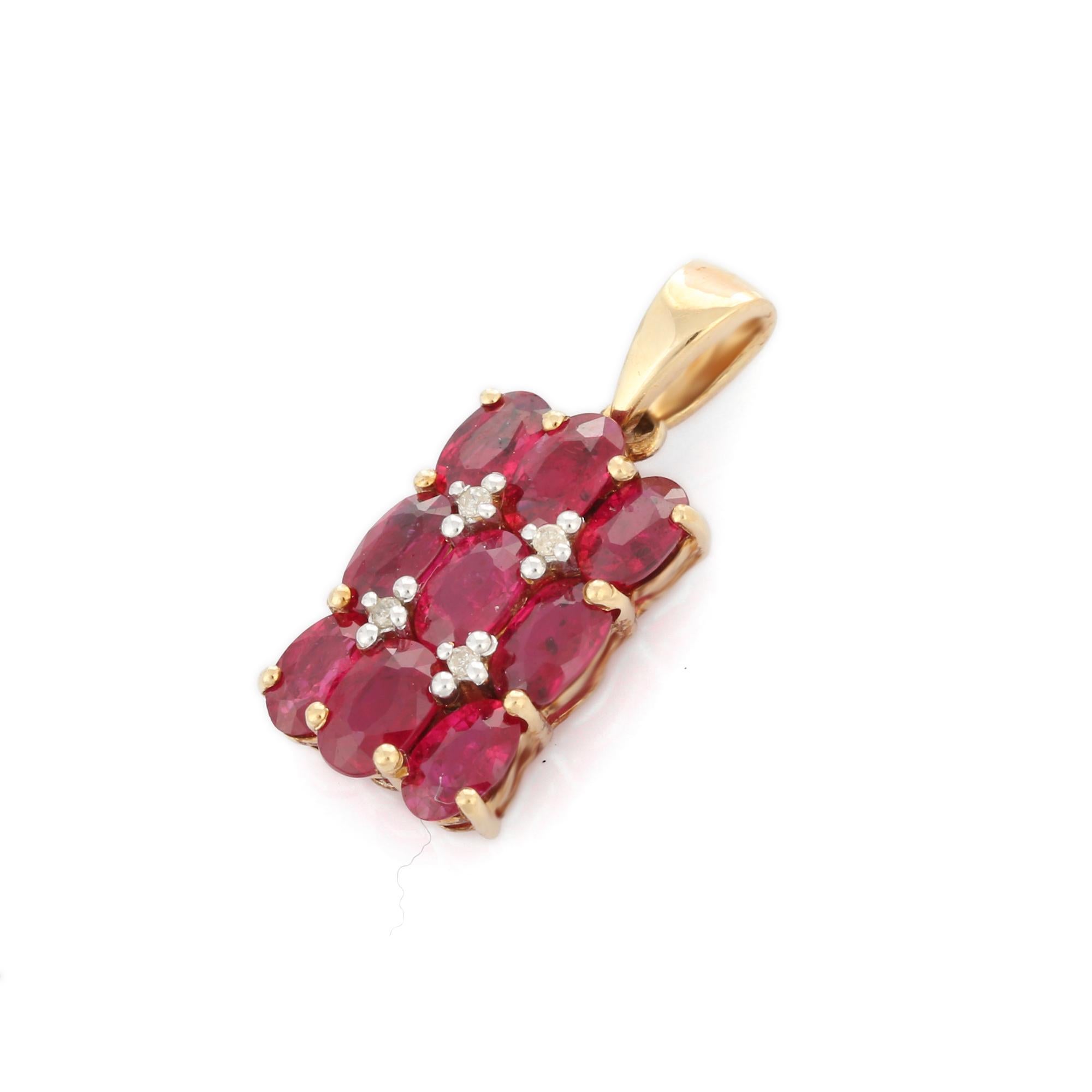 Oval Cut 2.76 Carat Oval Ruby and Diamond Cluster Pendant in 14K Solid Yellow Gold For Sale