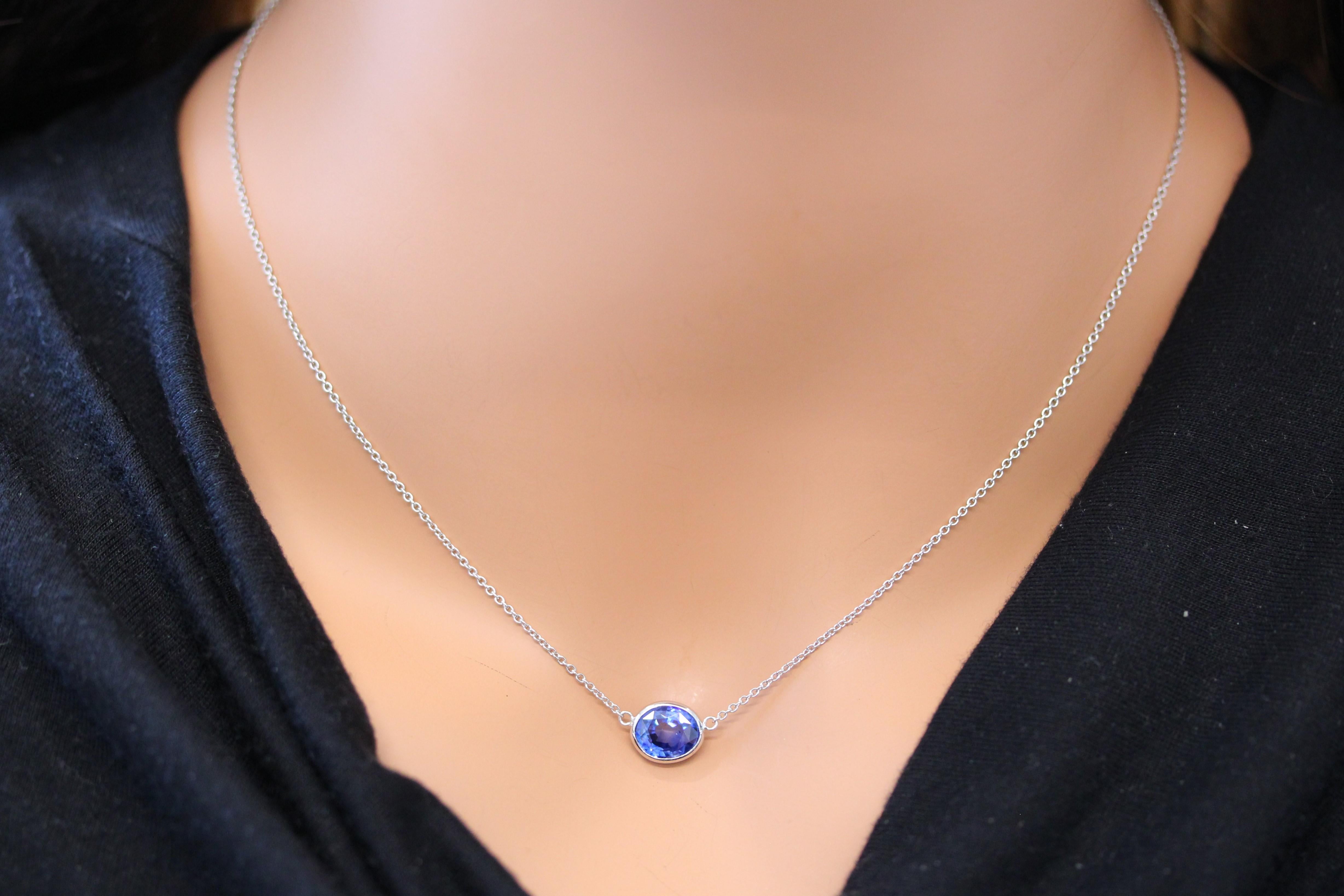 Contemporary 2.76 Carat Oval Sapphire Blue Fashion Necklaces In 14k White Gold For Sale