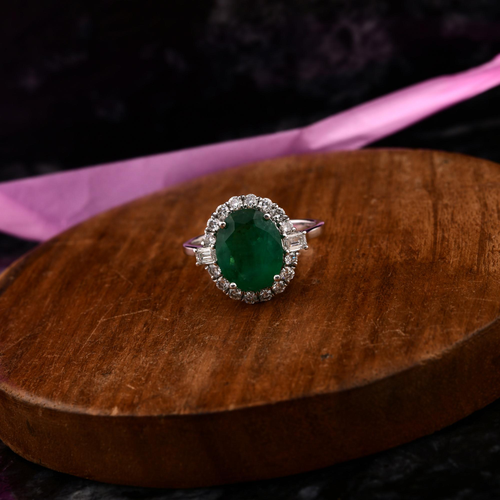 Modern 2.76 Carat Oval Zambian Emerald Ring 0.59 Ct. SI/H Diamond 14 Karat White Gold For Sale
