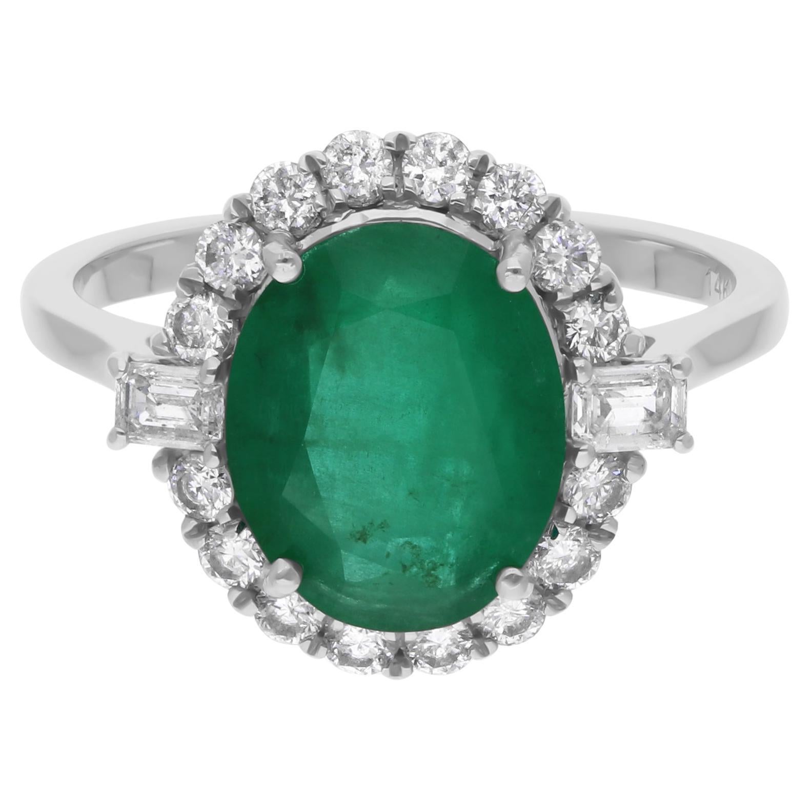 Anillo de esmeralda zambiana oval de 2,76 quilates 0,59 quilates Diamante SI/H Oro Blanco 14 Quilates