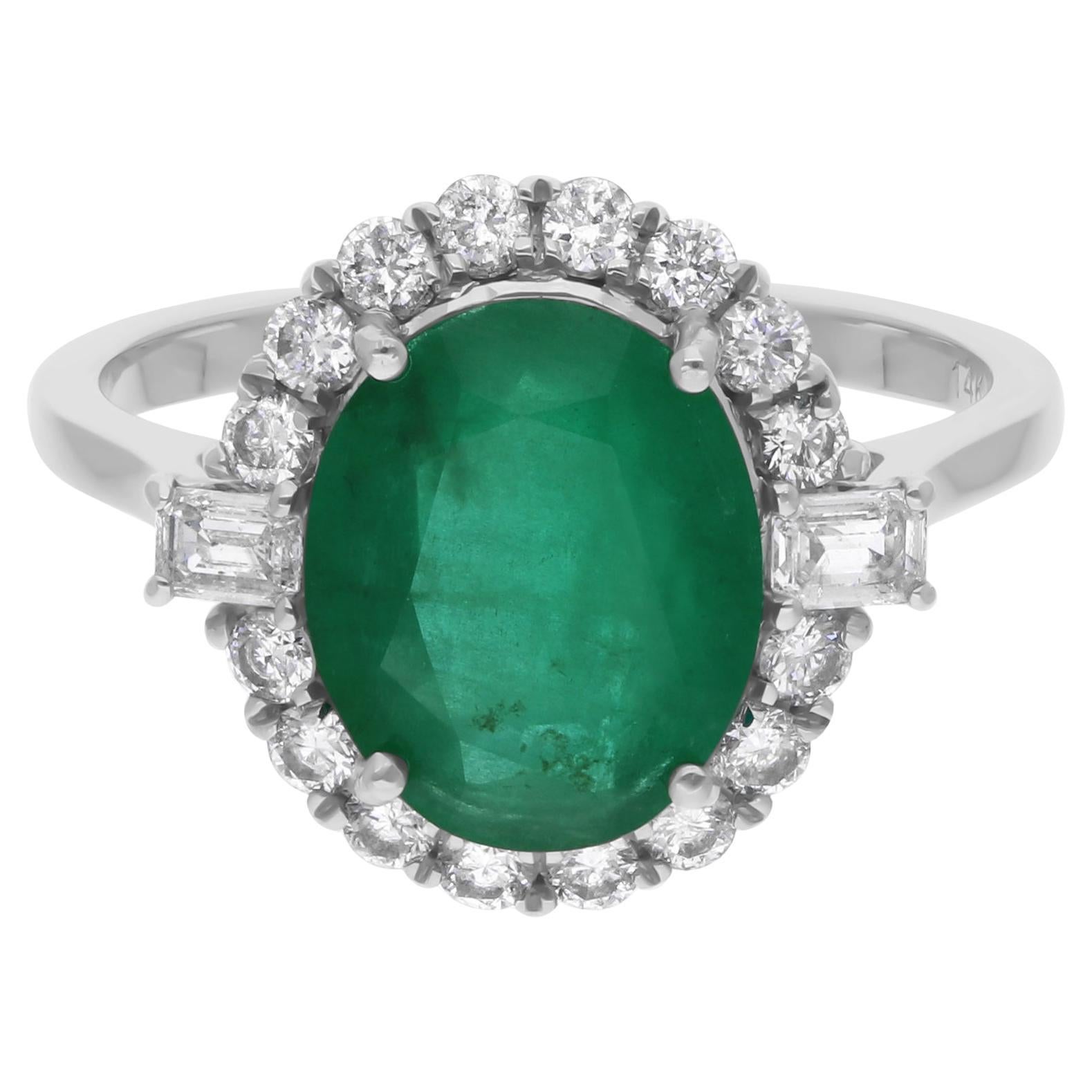 2.76 Carat Oval Zambian Emerald Ring 0.59 Ct. SI/H Diamond 14 Karat White Gold