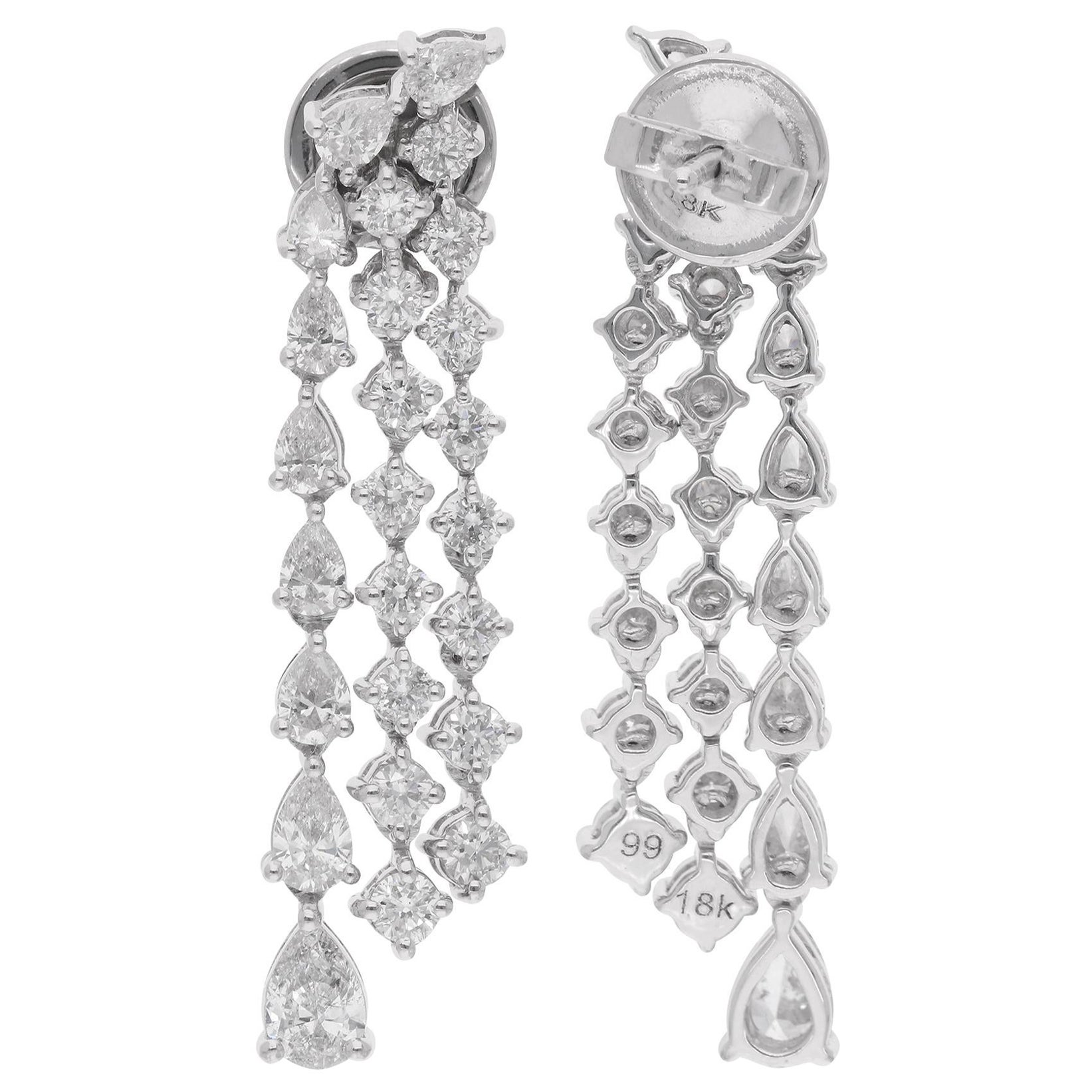 2.76 Carat Pear & Round Diamond Chandelier Earrings 14 Karat White Gold Jewelry For Sale