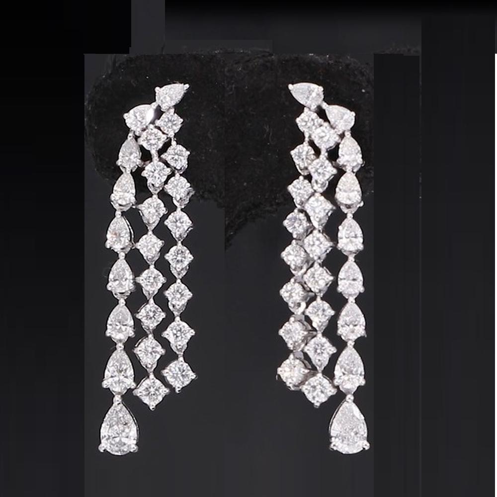 Women's 2.76 Carat Pear & Round Diamond Chandelier Earrings 18 Karat White Gold Jewelry For Sale