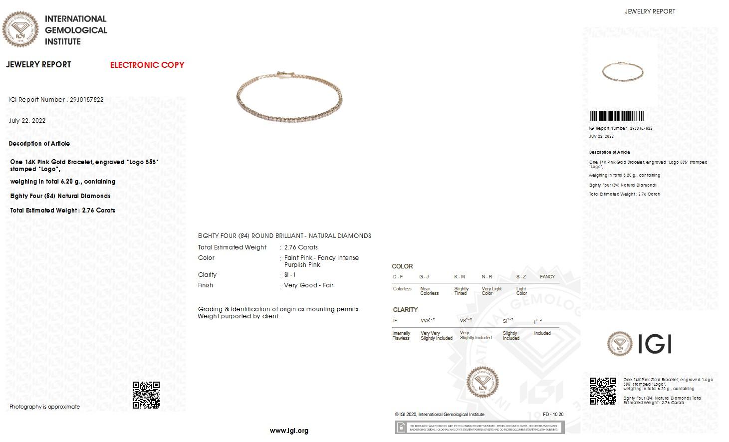 2,76 Karat Rosa Diamant-Tennisarmband Damen