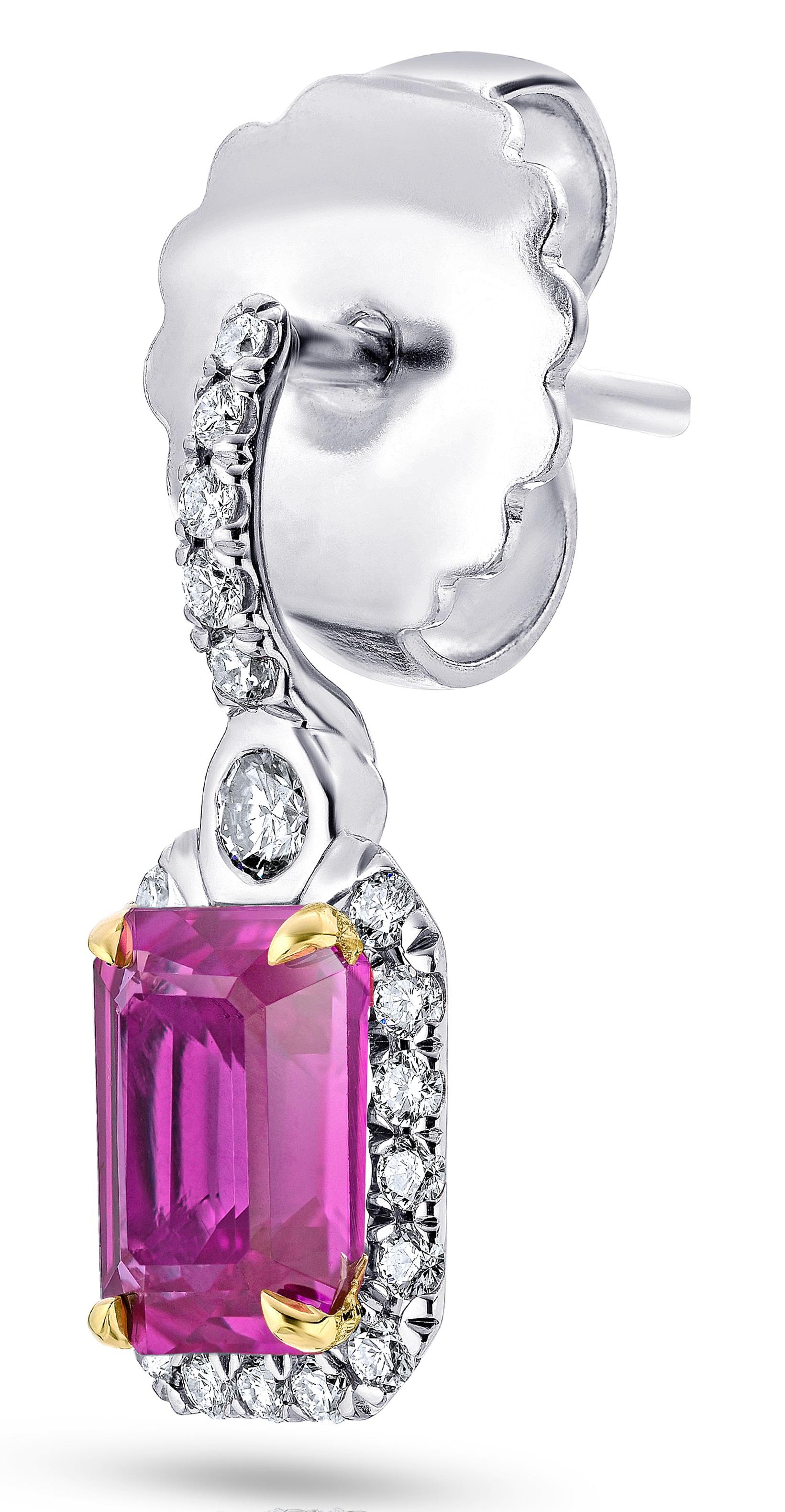 Women's 2.76 Carat Pink Natural Sapphire and Diamond Halo Drop Platinum and 18k Earrings