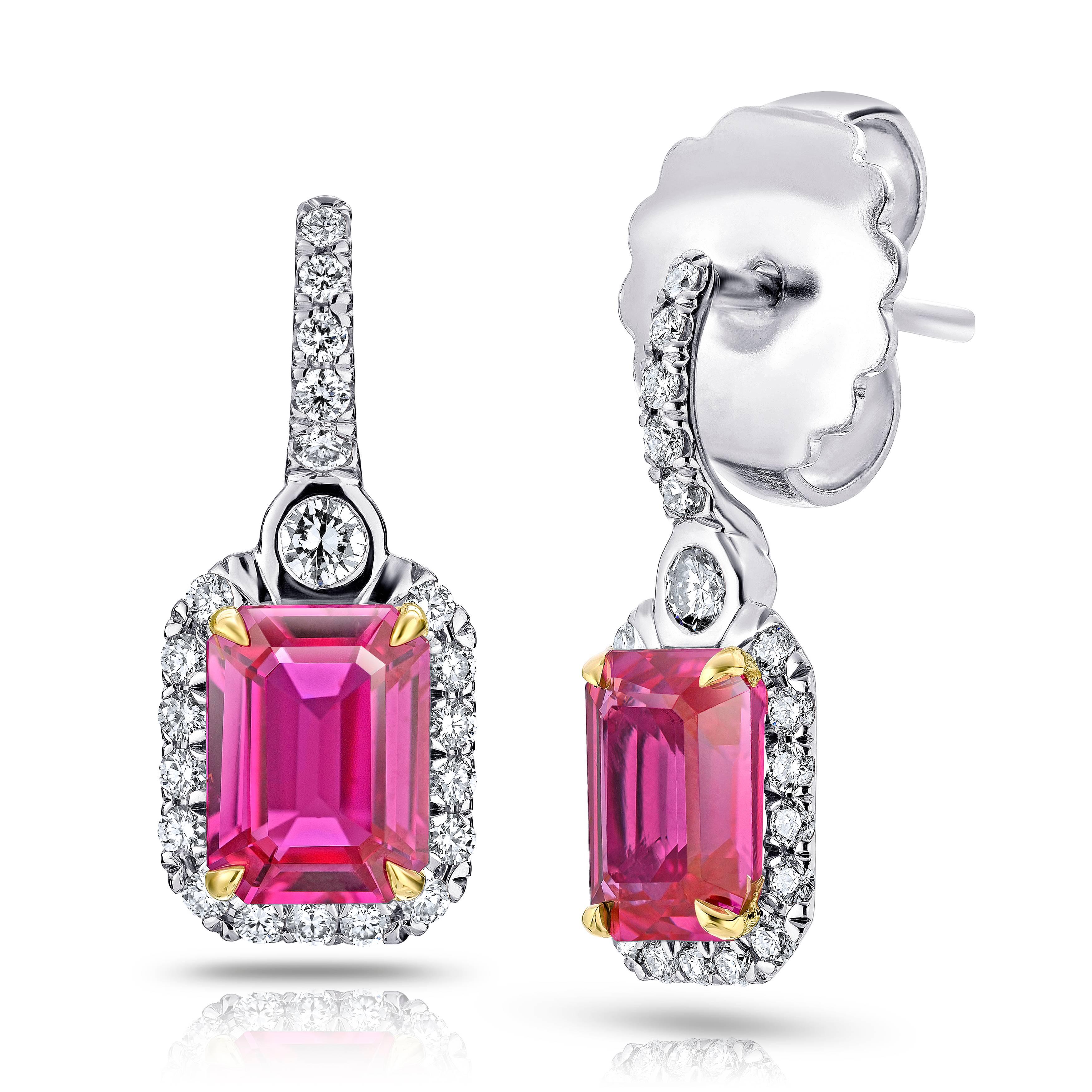 2.76 carat emerald cut pink mozambique sapphires (no heat) and 42 round diamonds .39 carats halo push back drop earrings set in platinum and 18k yellow gold
