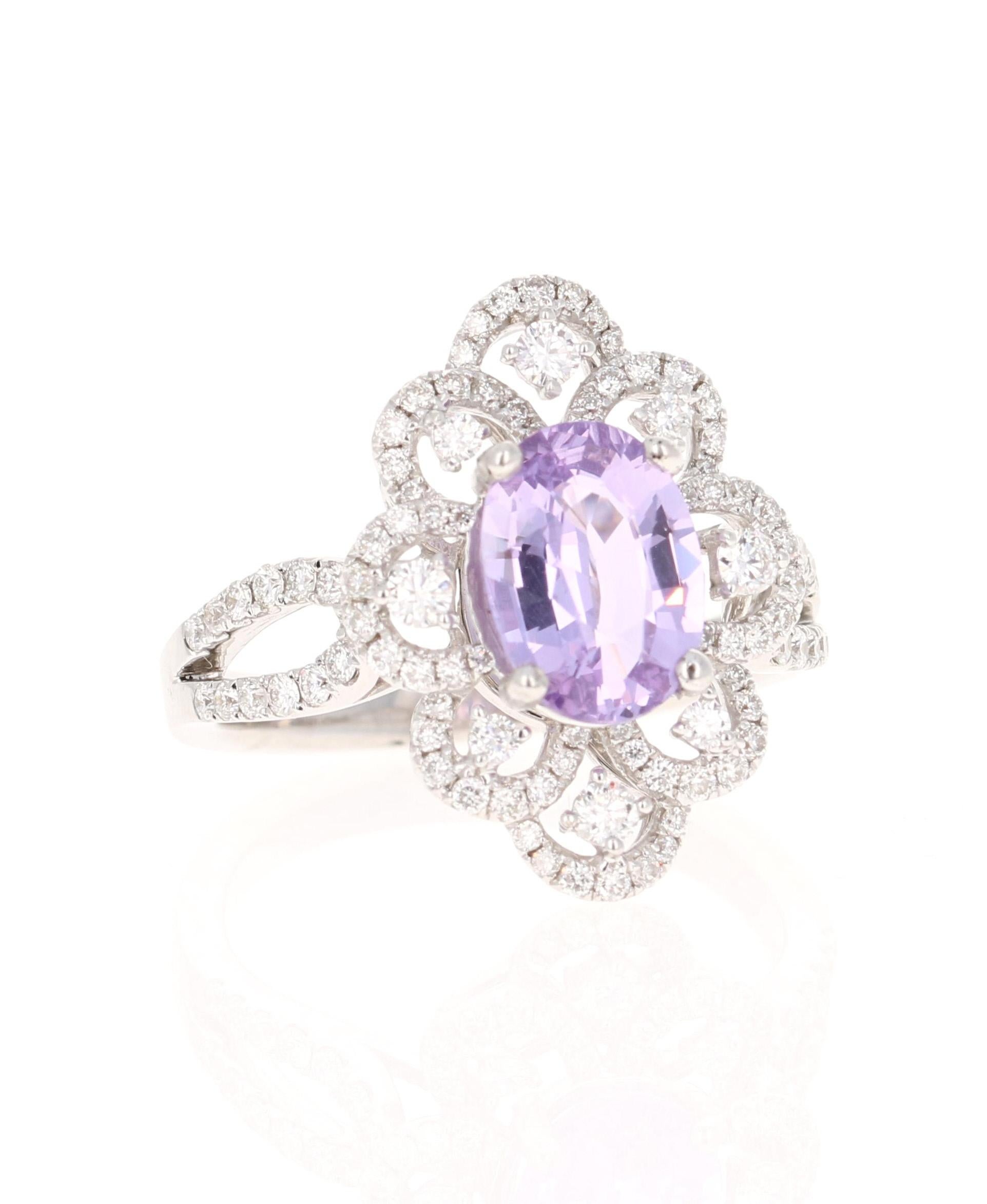 Breathtaking PPurple Sapphire Diamond Ring with a beautiful setting. Can also be a unique Engagement Ring or Cocktail Ring! 
The center Oval Cut Sapphire is 1.97 Carats. This Sapphire has No Heat and has been GIA Certified. The GIA Certificate