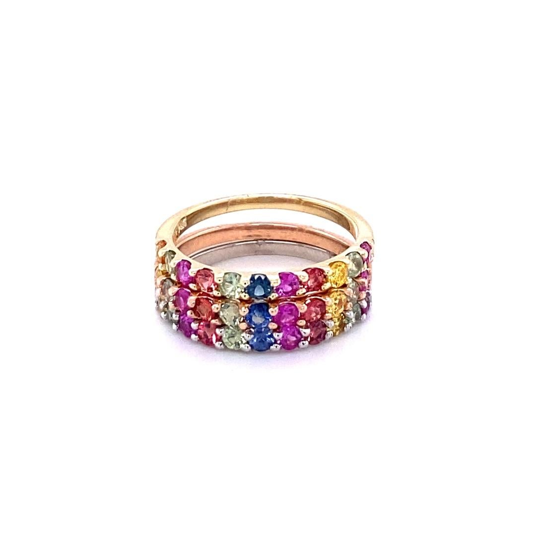 Round Cut 2.76 Carat Multi-Color Sapphire and Diamond 14K Gold Stackable Bands