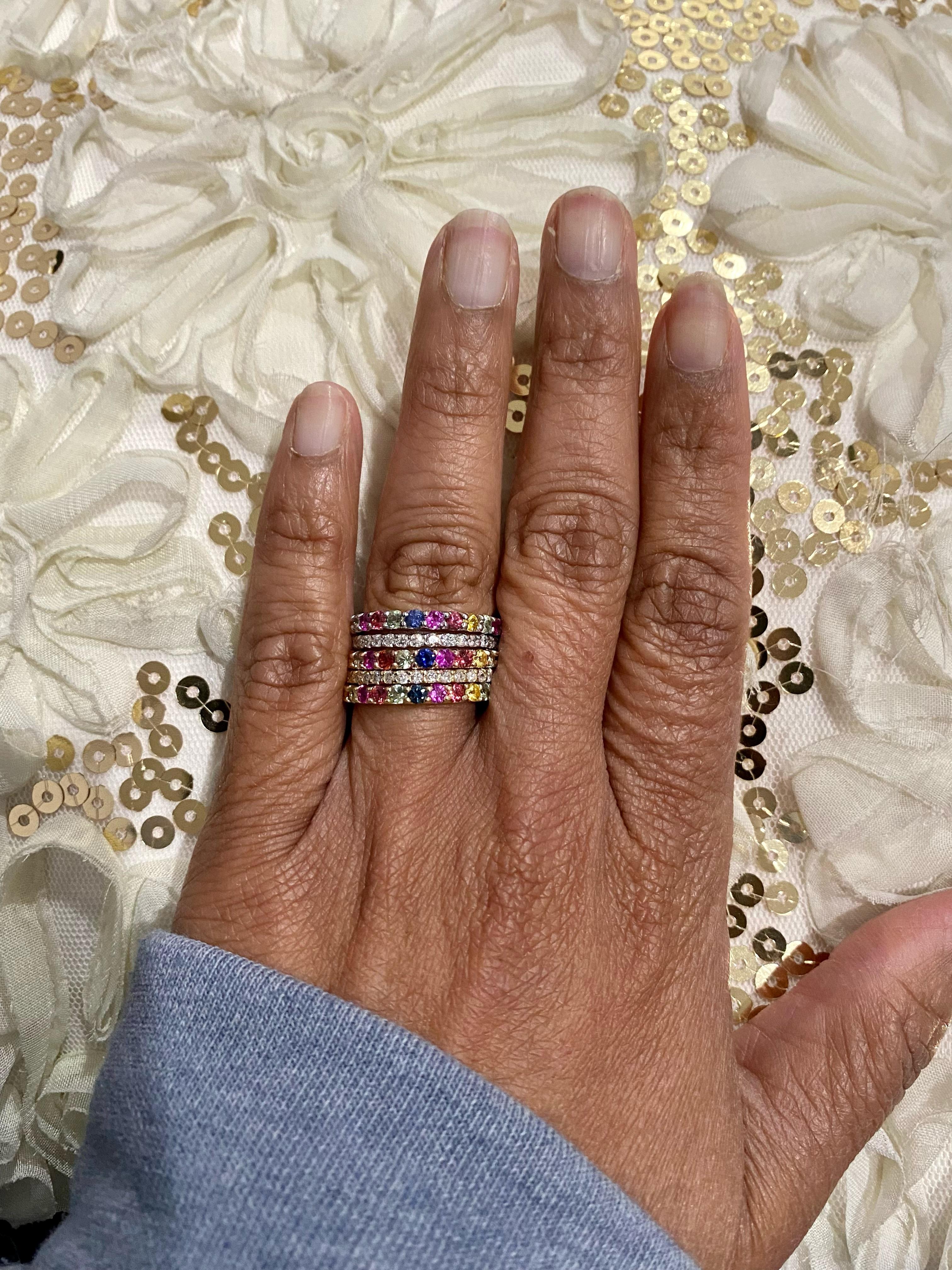2.76 Carat Multi-Color Sapphire and Diamond 14K Gold Stackable Bands In New Condition In Los Angeles, CA