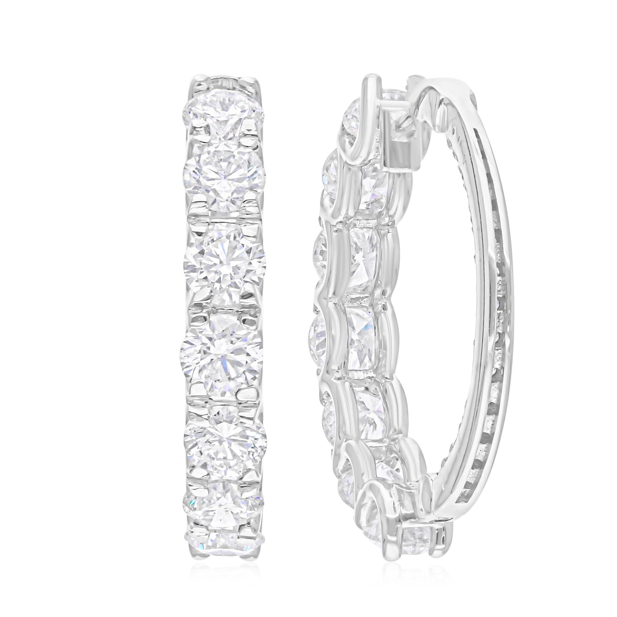 Modern 2.76 Carat SI/H Round Brilliant Cut Diamond Hoop Earrings 18 Karat White Gold For Sale