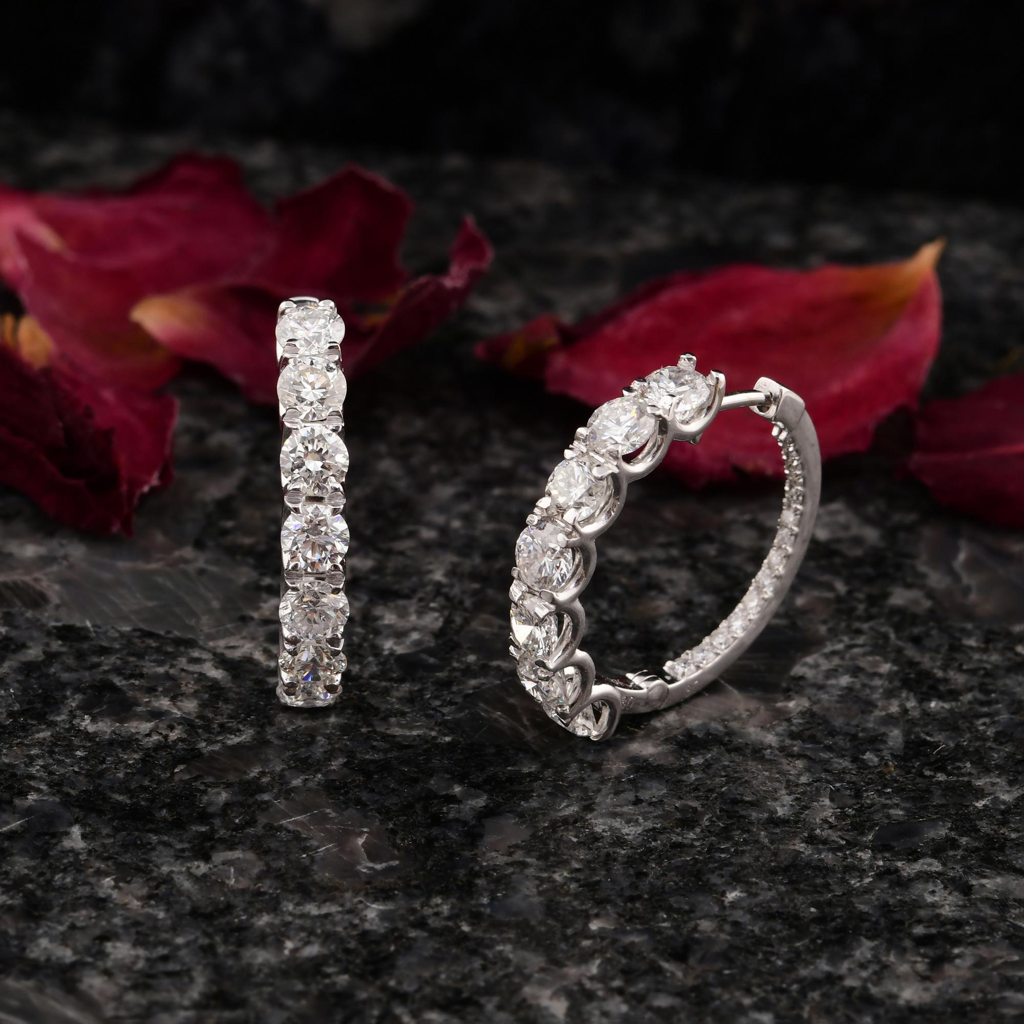 Women's 2.76 Carat SI/H Round Brilliant Cut Diamond Hoop Earrings 18 Karat White Gold For Sale