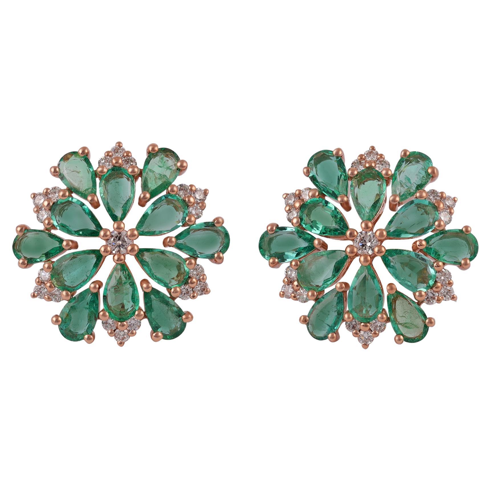 2.76 Carat  Zambian Emerald and Diamond Earrings Stud in 18 Karat Rose Gold