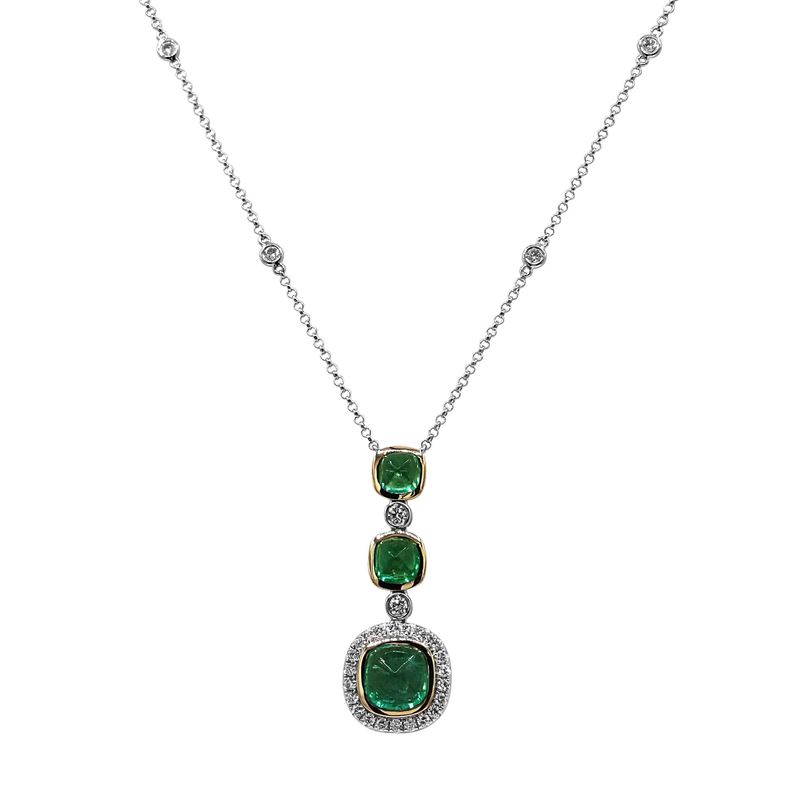 Mixed Cut 2.76 Carats Emerald and White Diamond White and Yellow Gold Necklace For Sale