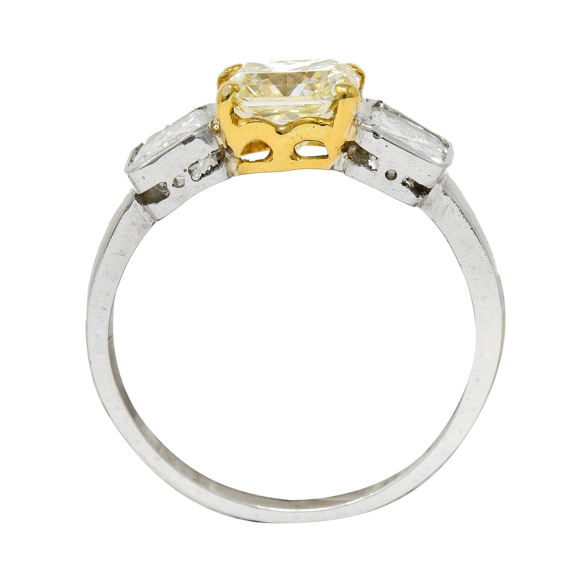 2.76 Carats Fancy Yellow & White Diamond 18 Karat Gold Platinum Three Stone Ring 1