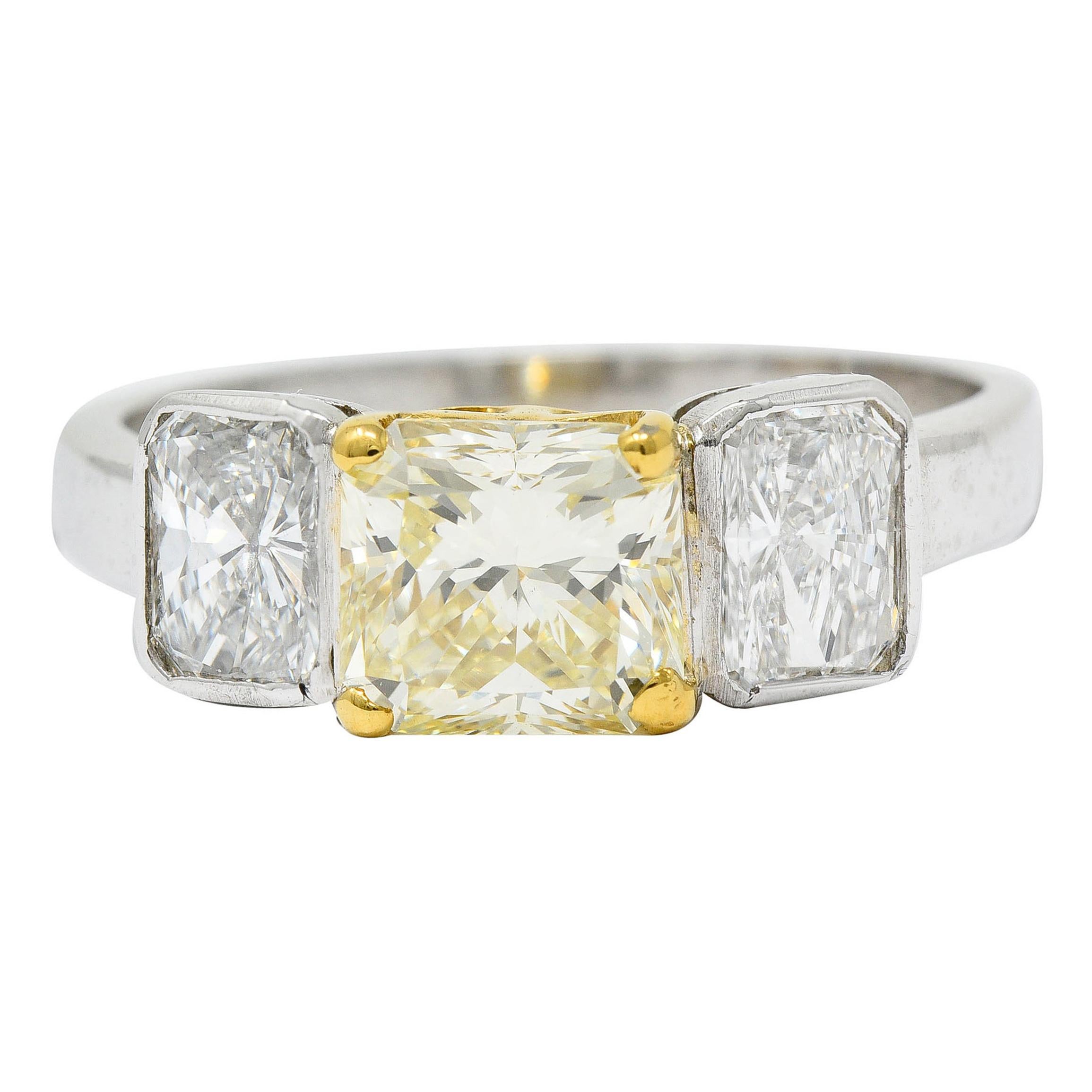 2.76 Carats Fancy Yellow & White Diamond 18 Karat Gold Platinum Three Stone Ring