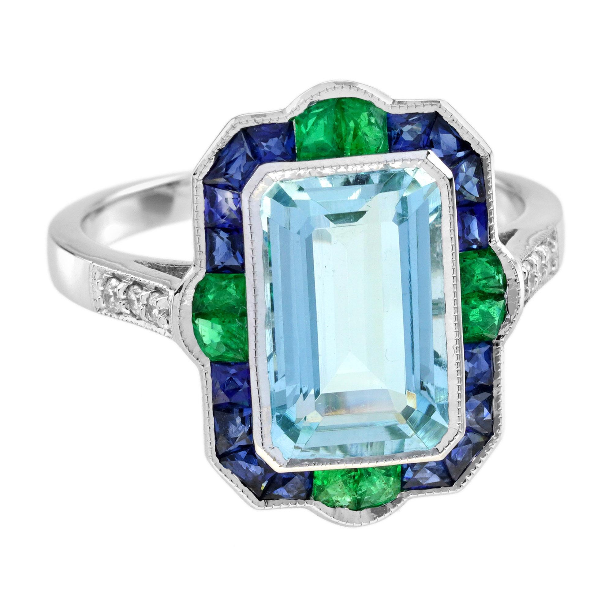 2.76 Ct. Bague cocktail aigue-marine émeraude saphir diamant en or blanc 18K 1