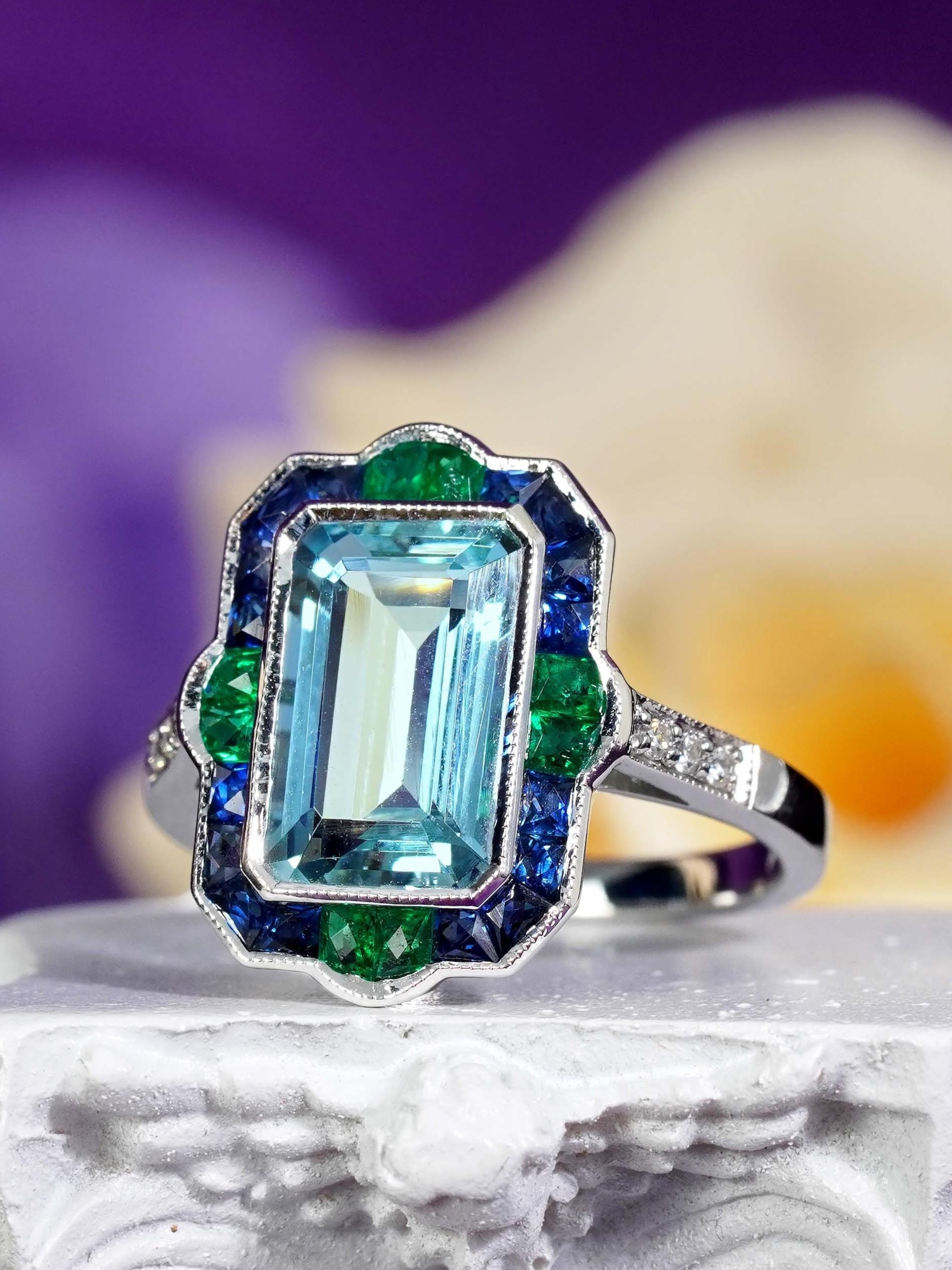  2.76 Ct. Bague cocktail aigue-marine émeraude saphir diamant en or blanc 18K Pour femmes 