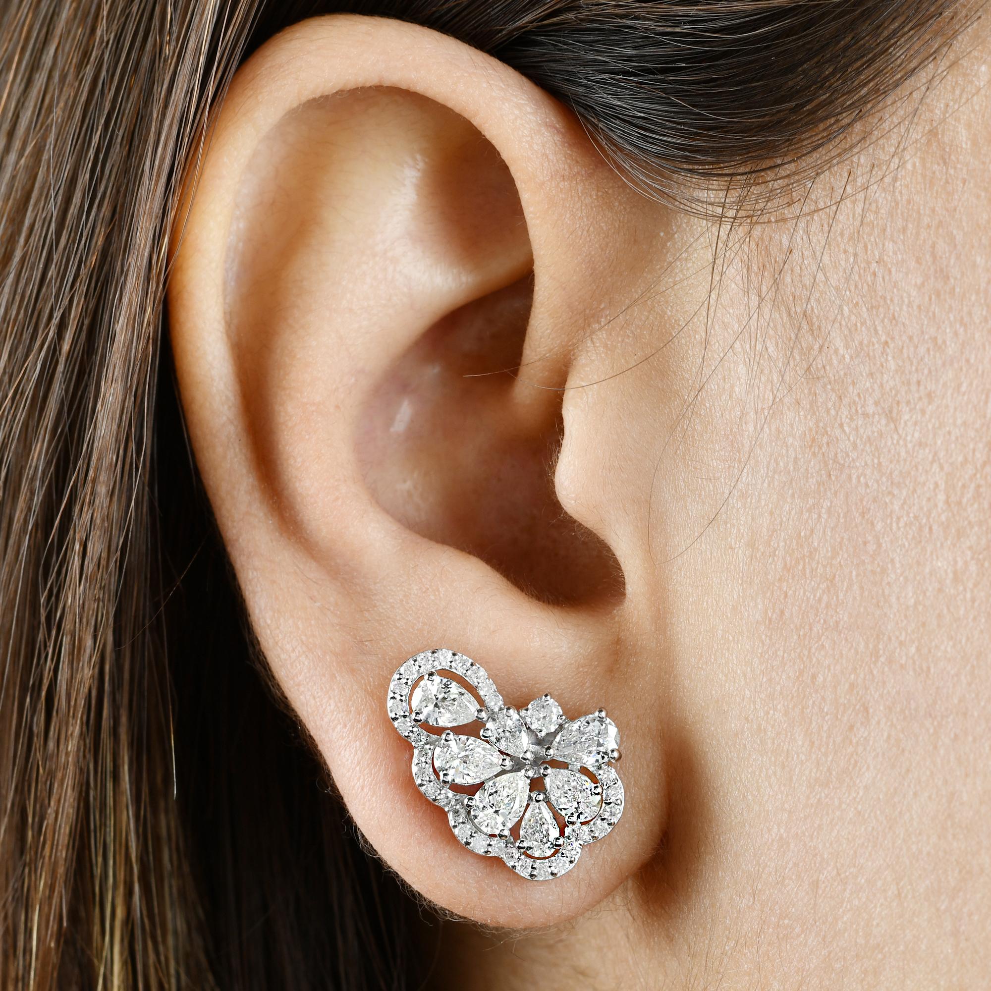 Modern 2.76 Ct. Pear & Round Diamond Stud Earrings 14 Karat White Gold Handmade Jewelry For Sale
