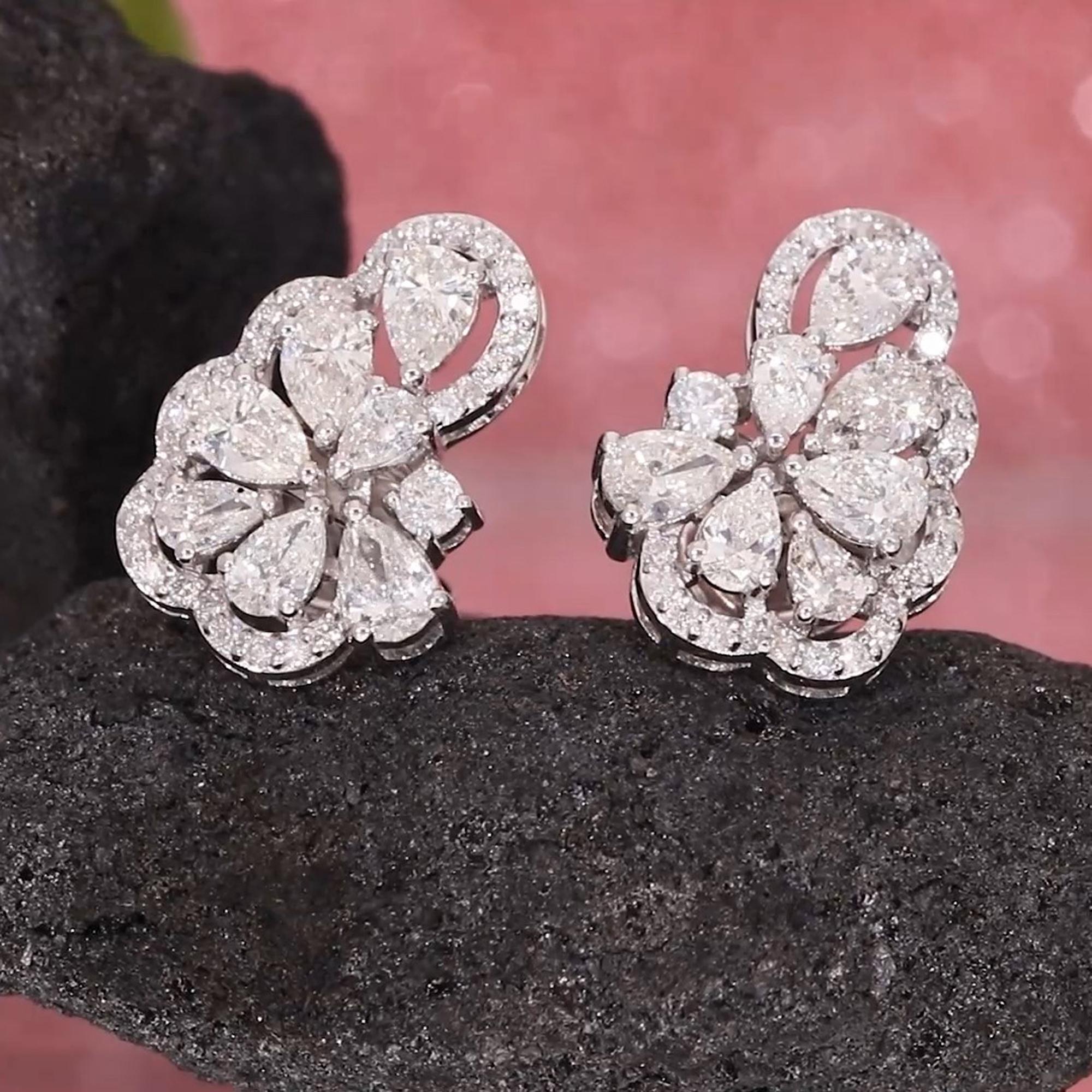 Pear Cut 2.76 Ct. Pear & Round Diamond Stud Earrings 18 Karat White Gold Handmade Jewelry For Sale