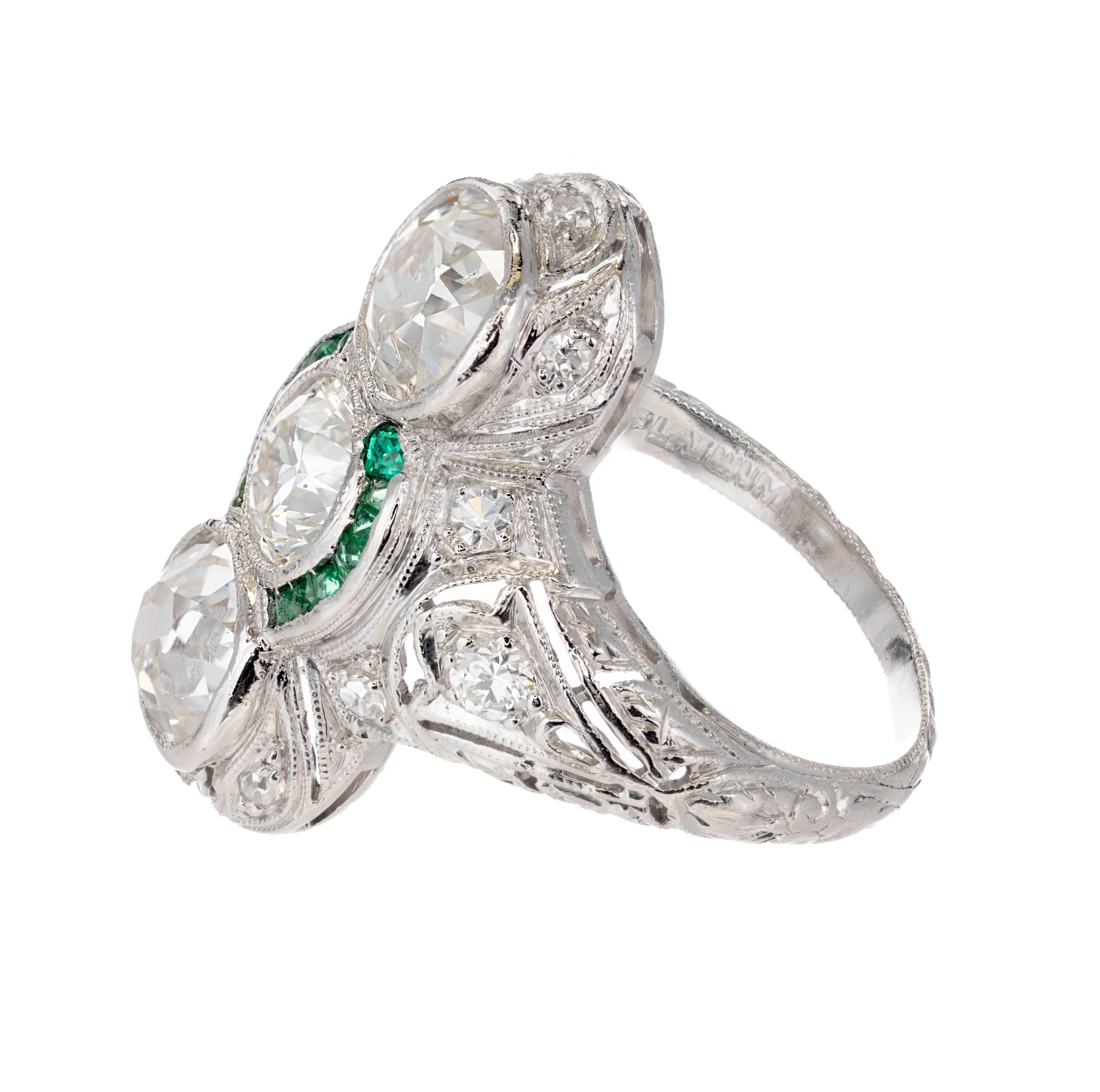 Old European Cut 2.76 Diamond Emerald Three-Stone Art Deco Platinum Cocktail Ring For Sale