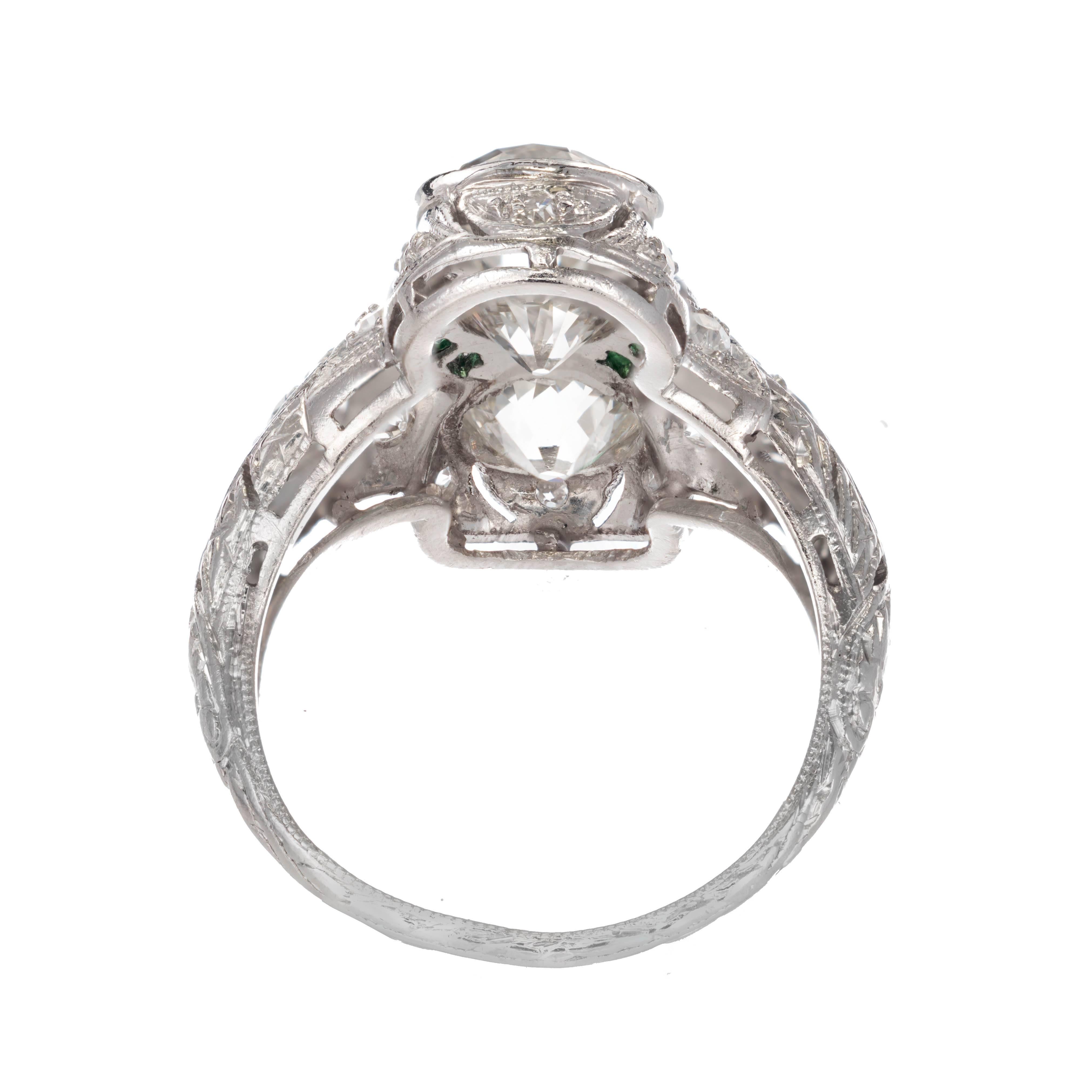 2,76 Diamant Smaragd Drei-Stein Art Deco Platin Cocktail Ring im Zustand „Gut“ im Angebot in Stamford, CT