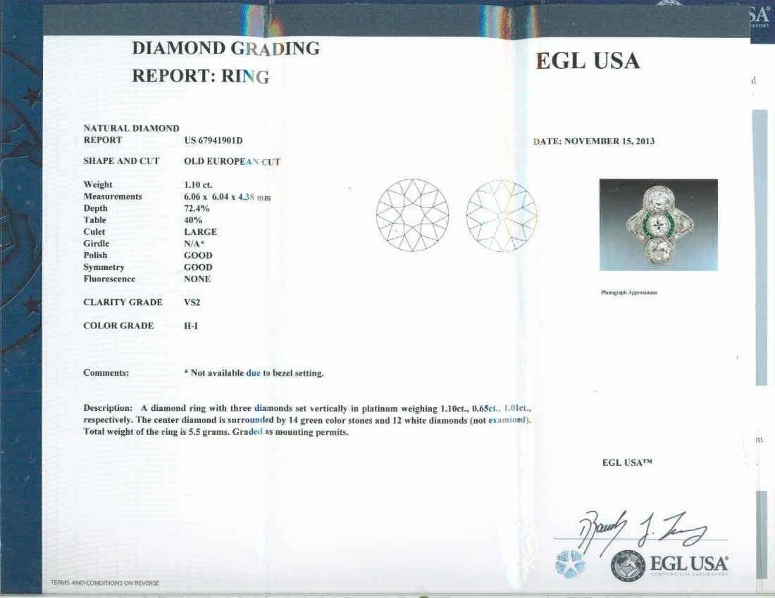 EGL zertifiziert 2,76 Diamant Smaragd Drei-Stein Art Deco Platin Cocktail Ring im Zustand „Gut“ im Angebot in Stamford, CT