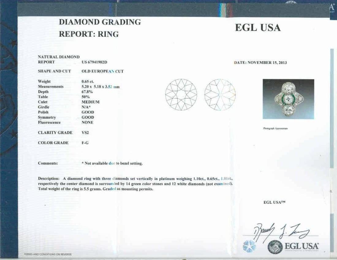 EGL zertifiziert 2,76 Diamant Smaragd Drei-Stein Art Deco Platin Cocktail Ring Damen im Angebot