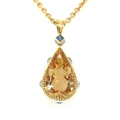 27.60 Carat Golden Beryl and Blue Sapphire, Yellow and White Gold Drop Pendant