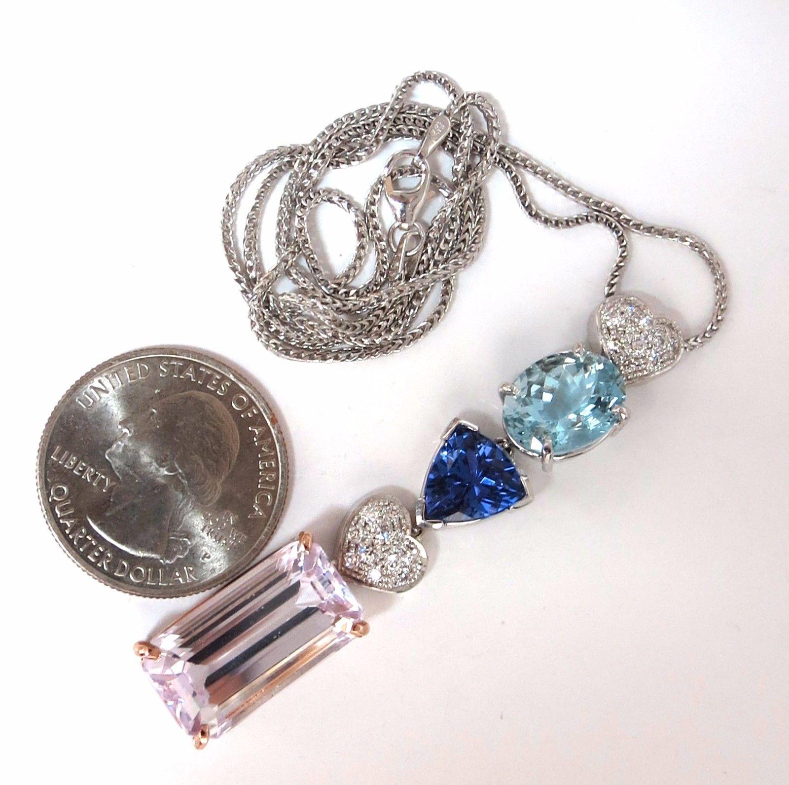 Emerald Cut 27.60ct natural kunzite tanzanite aquamarine diamonds dangle necklace 14kt