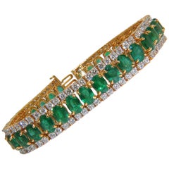 27.65 Carat Natural Vivid Green Emerald Diamond Bracelet F/VS 14 Karat Multirow